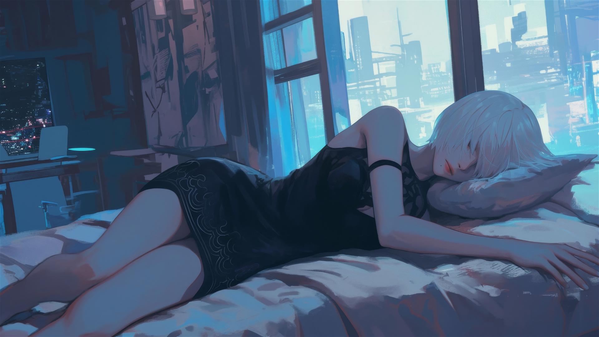 2B from Nier resting in hotel room with soft moonlight glow