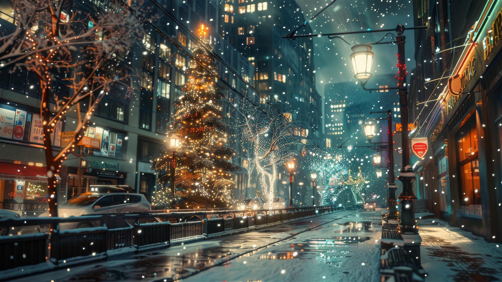 Silent Christmas night on a modern city street