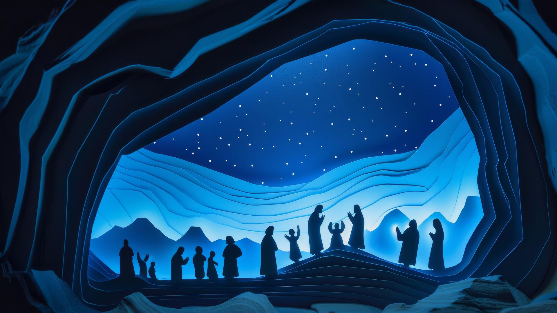 Minimal nativity scene paper cutout against blue night sky