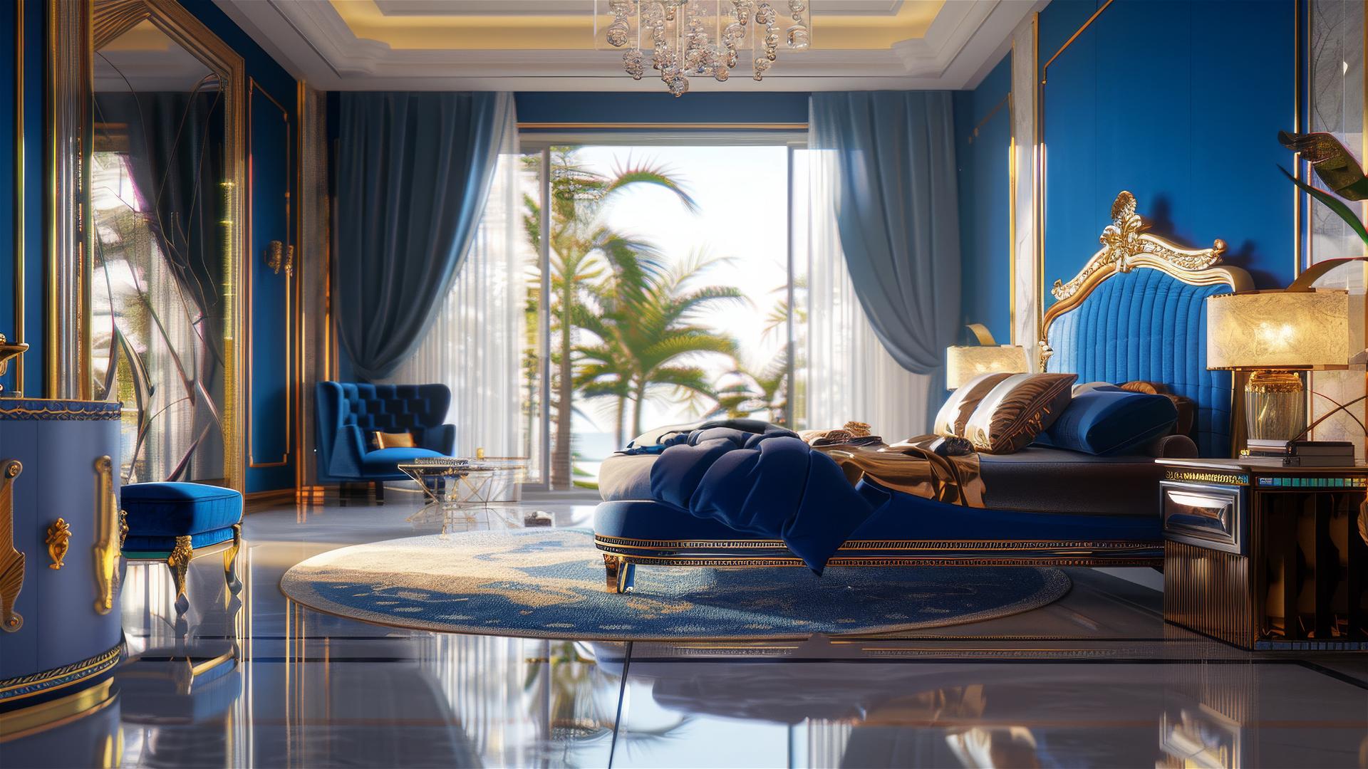 Modern blue and gold luxury villa interior, Japanese design