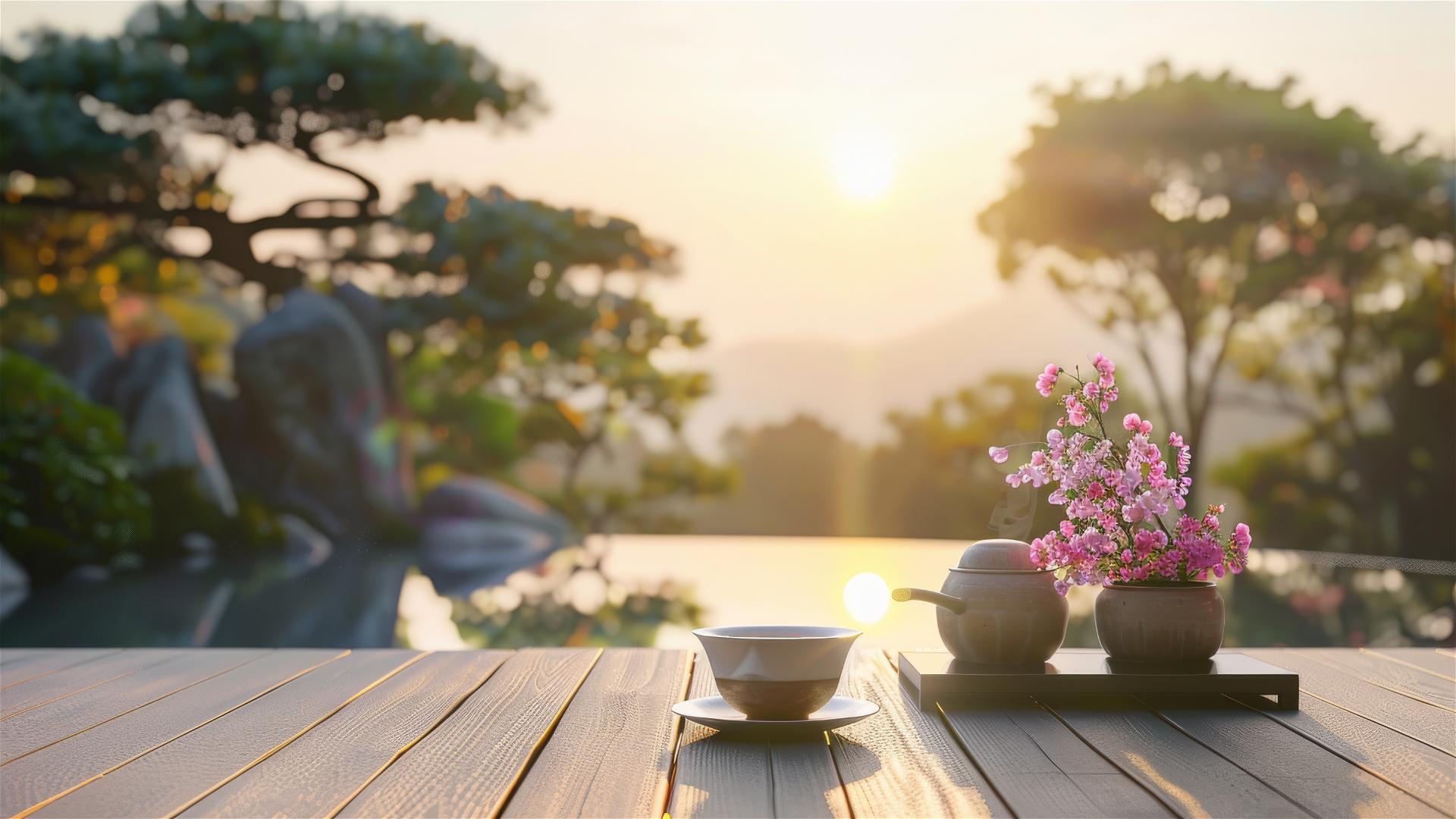 Coffee and flower pot on a table in a Zen garden at sunrise