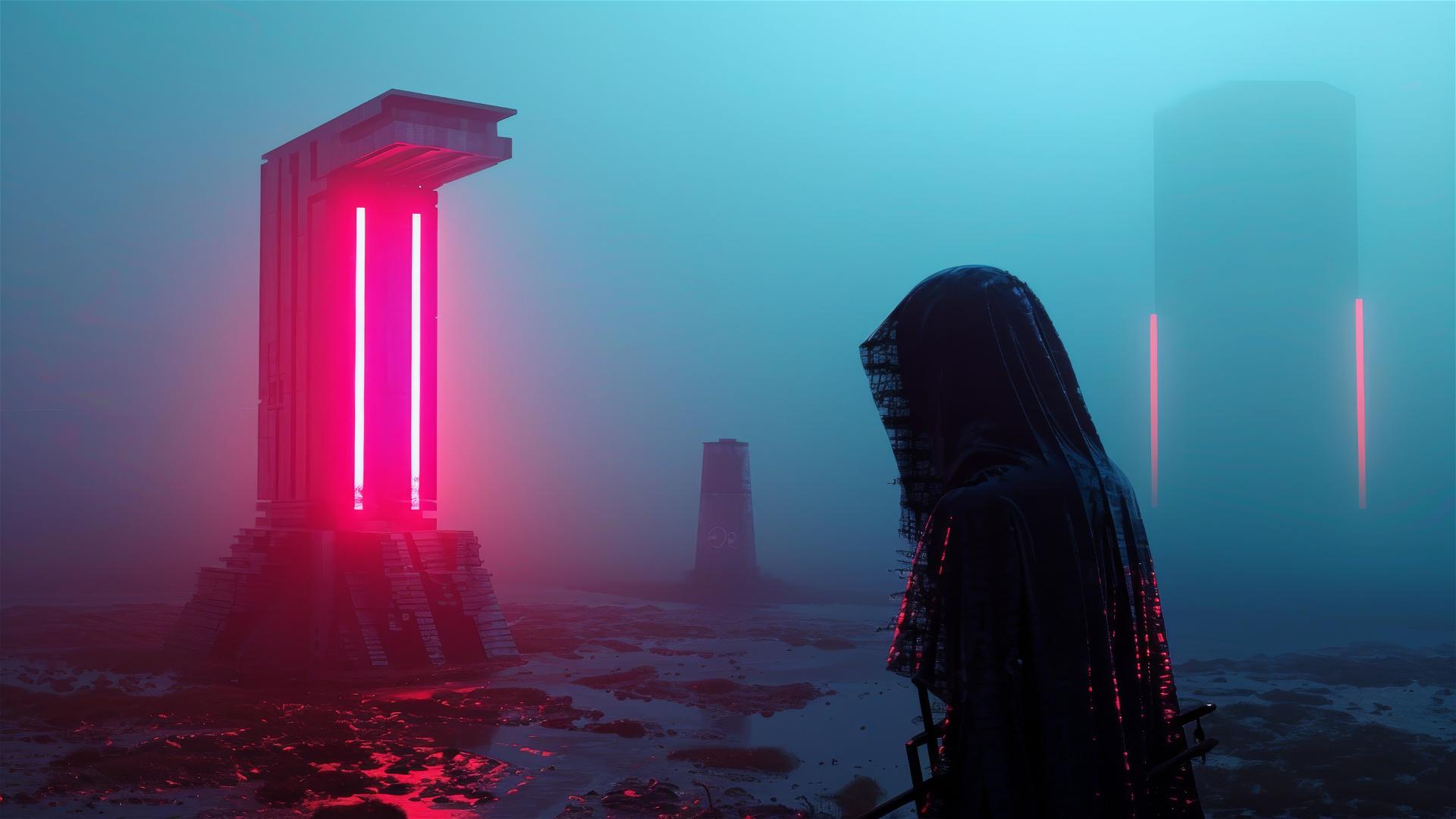 Cybergoth scarecrow in fog with neon light and brutalist background