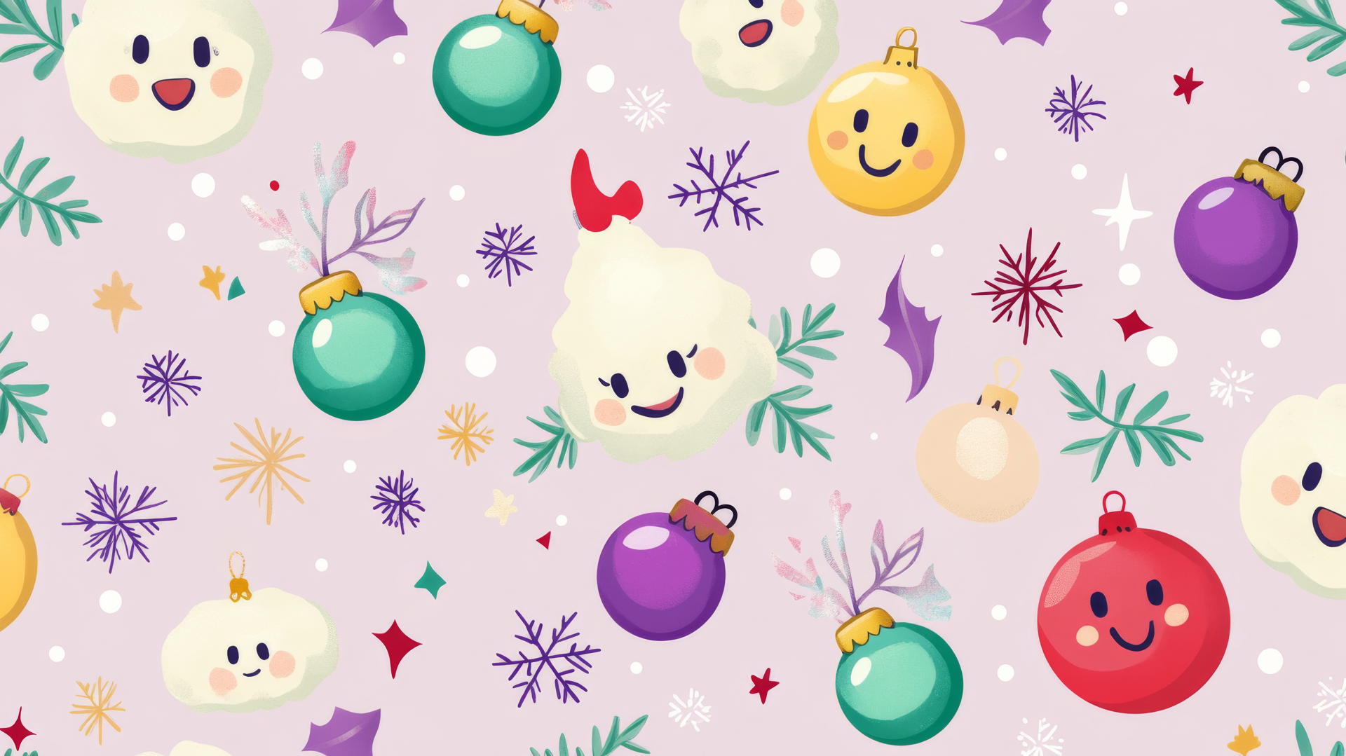 Cute Christmas wallpaper preppy with seamless patterns of smiling snowflakes, Christmas bells, and colorful baubles on a pastel lavender background