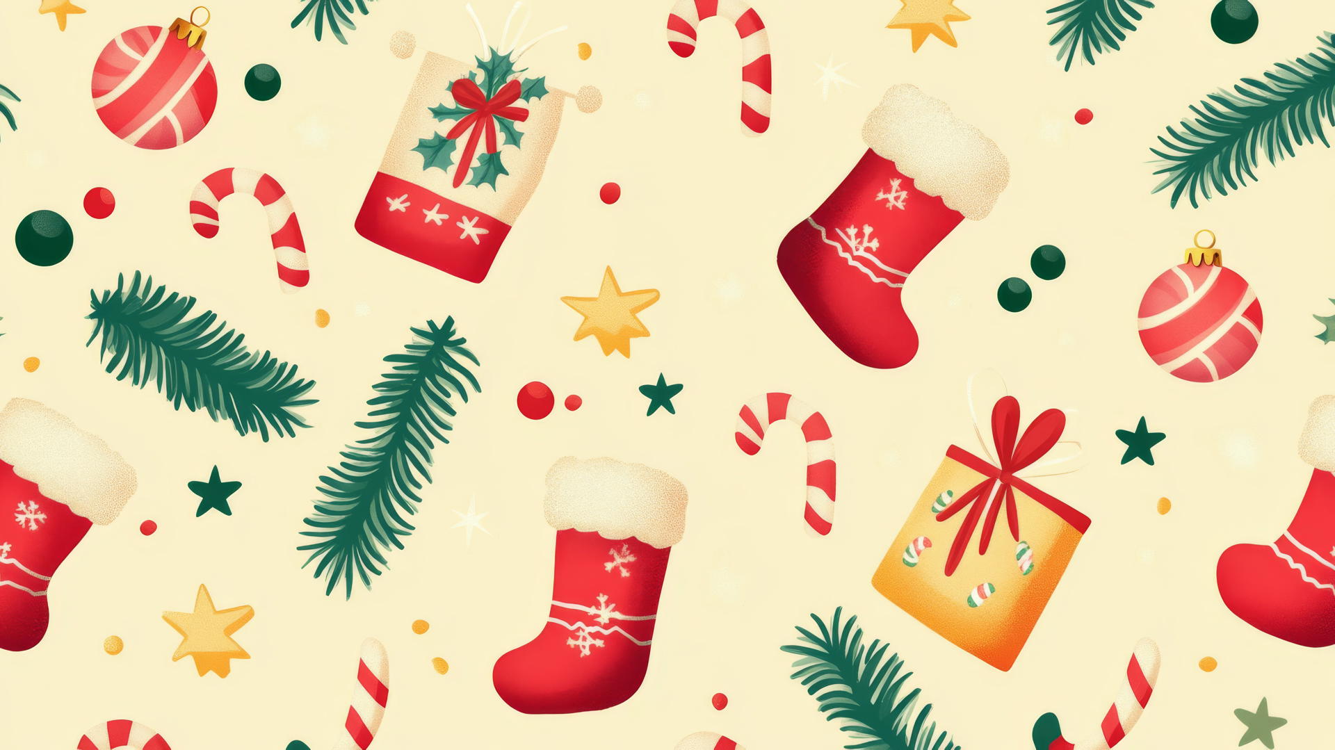 cute Christmas wallpaper preppy with candy canes, stockings, and stars on pastel yellow