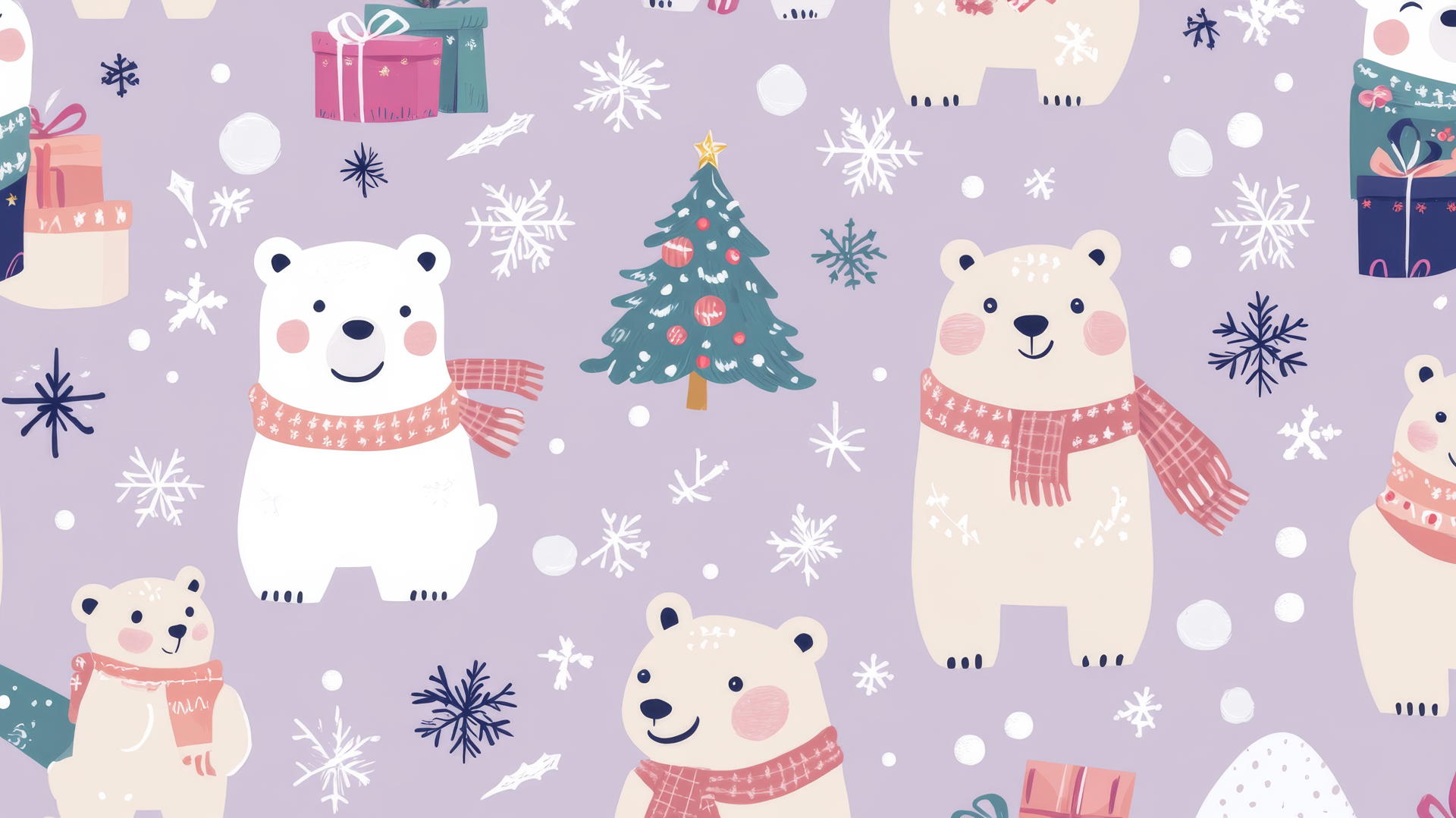 cute Christmas wallpaper preppy with playful polar bears, scarves, snowflakes, and presents on a light purple background