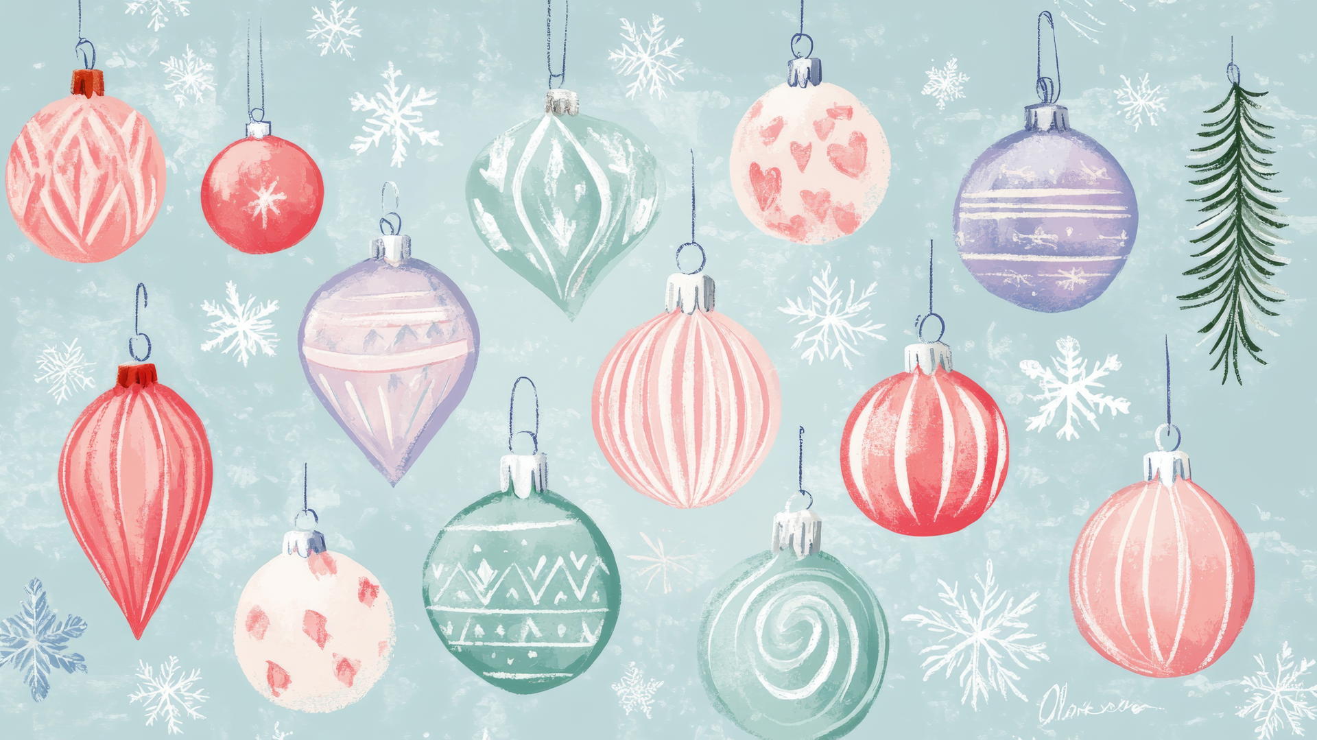 preppy Christmas wallpaper with vintage pastel ornaments on light blue background