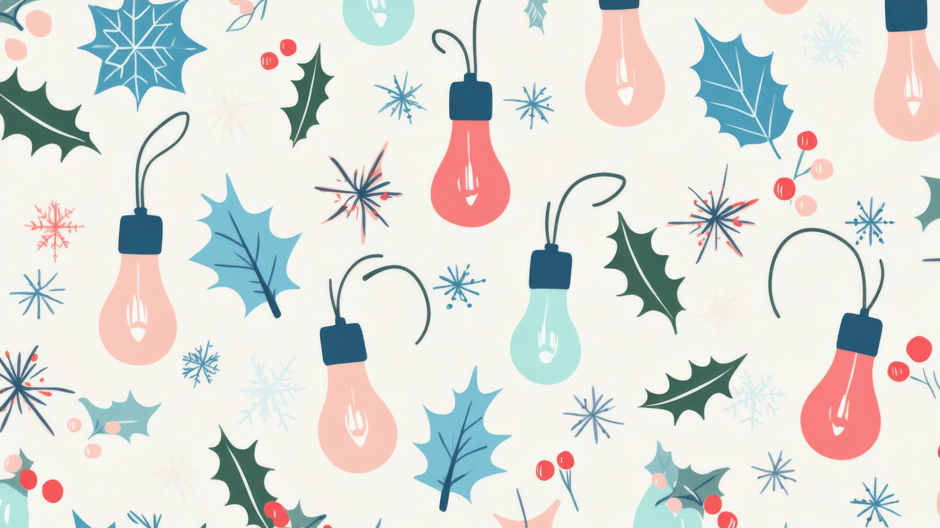 preppy Christmas wallpaper with retro-style light bulbs, holly, and snowflakes in pastel colors