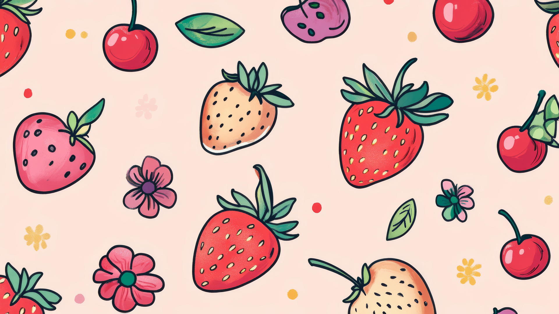 Playful preppy wallpaper with cute doodles of strawberries, cherries, and flowers on light pink background