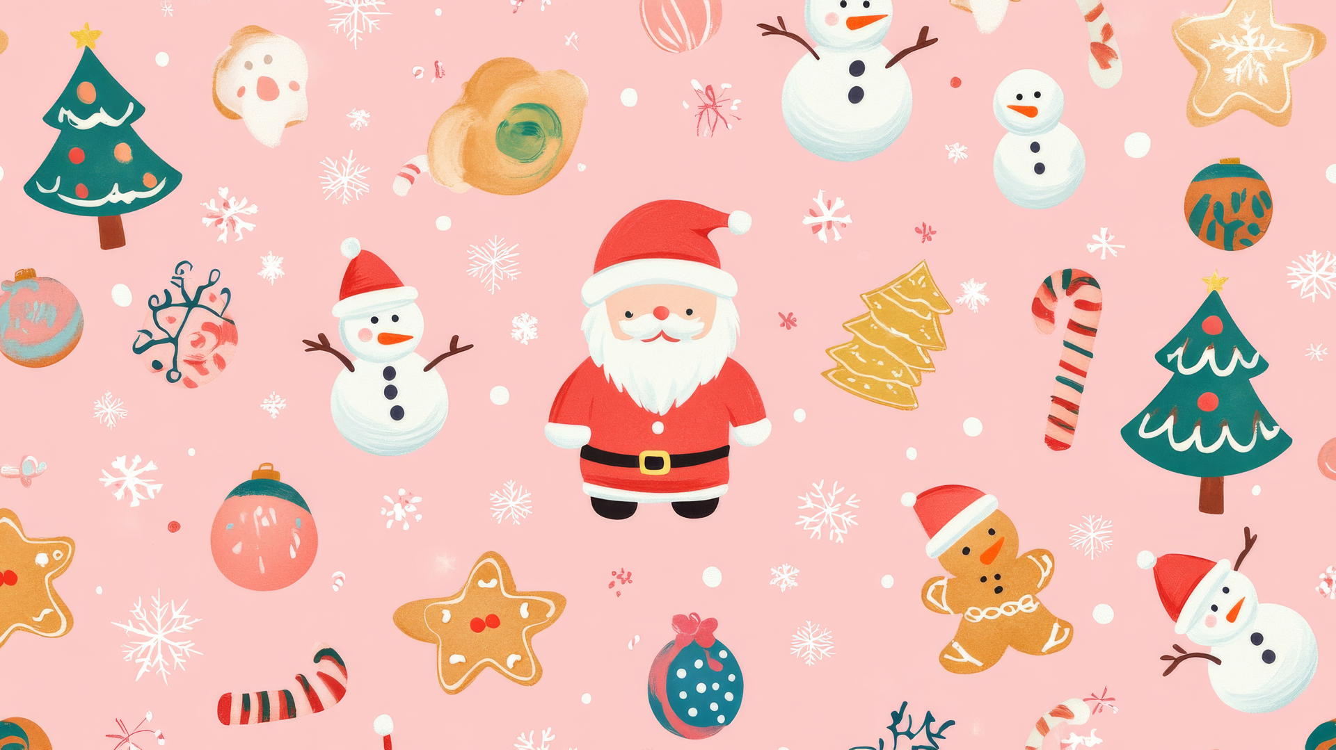 preppy wallpaper with Santa, gingerbread cookies, snowmen, Christmas trees on pastel pink