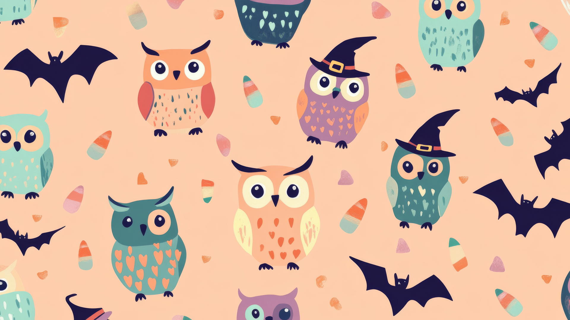 Halloween preppy wallpaper with pastel owls, bats, and candy corn