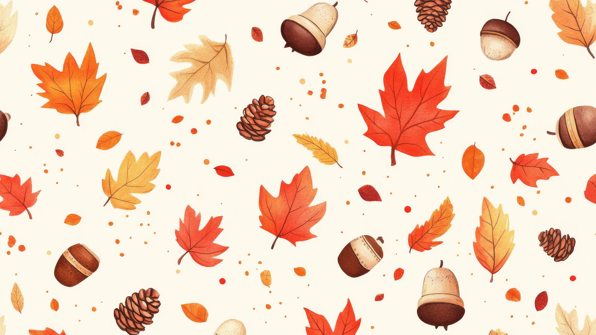 preppy autumn wallpaper with pastel beige background, leaves, acorns, and pinecones