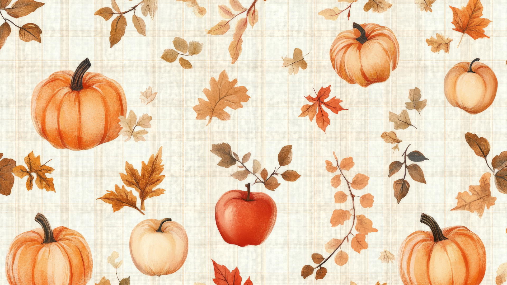 Preppy fall wallpaper with autumn-themed plaid, apples, pumpkins, and leaves