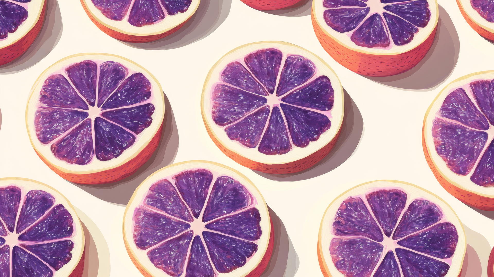 purple preppy wallpaper with sliced purple grapefruits in isometric layout on cream background