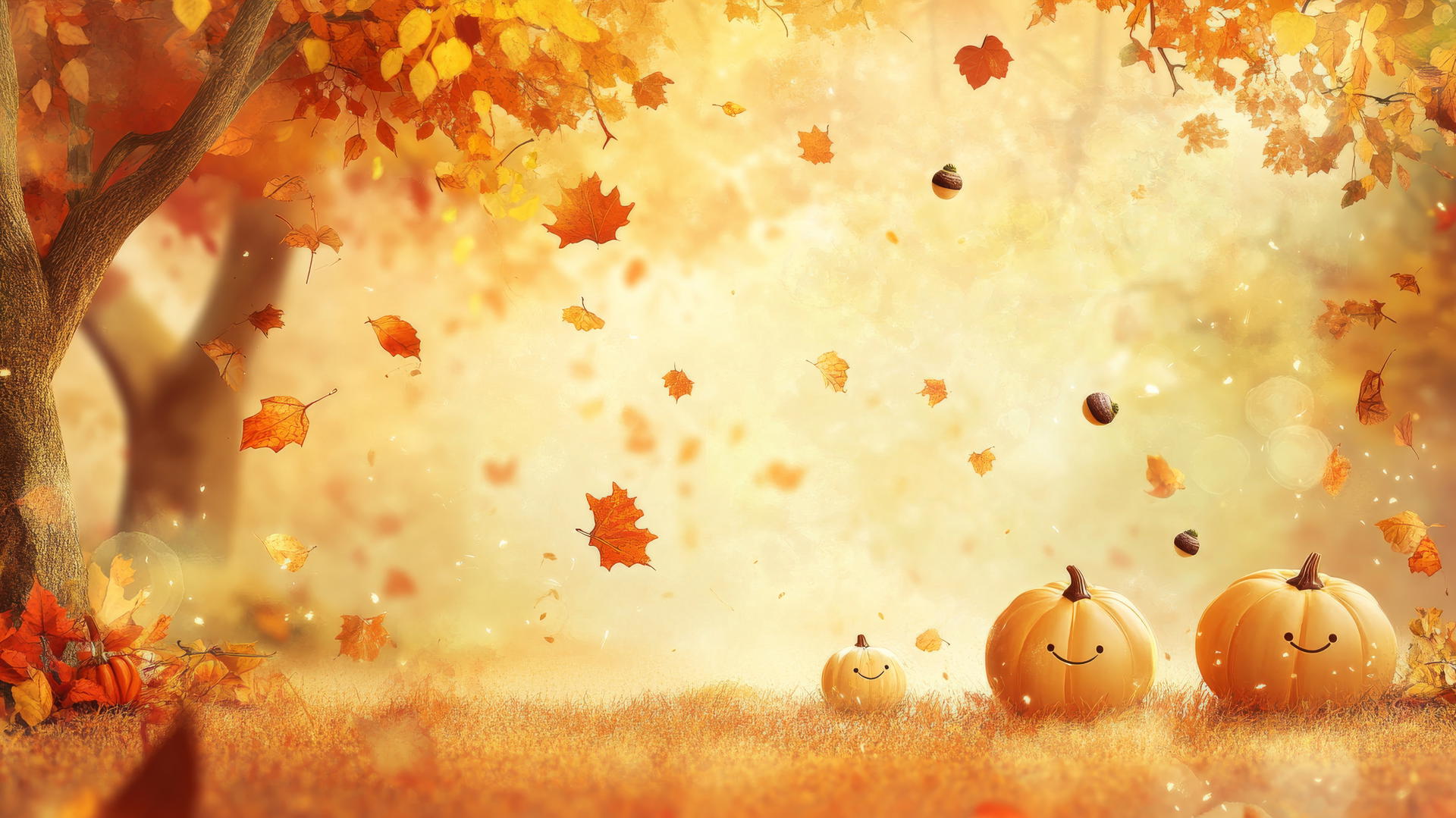 wallpapers cute autumn scene with smiling pumpkins, acorns, and falling leaves