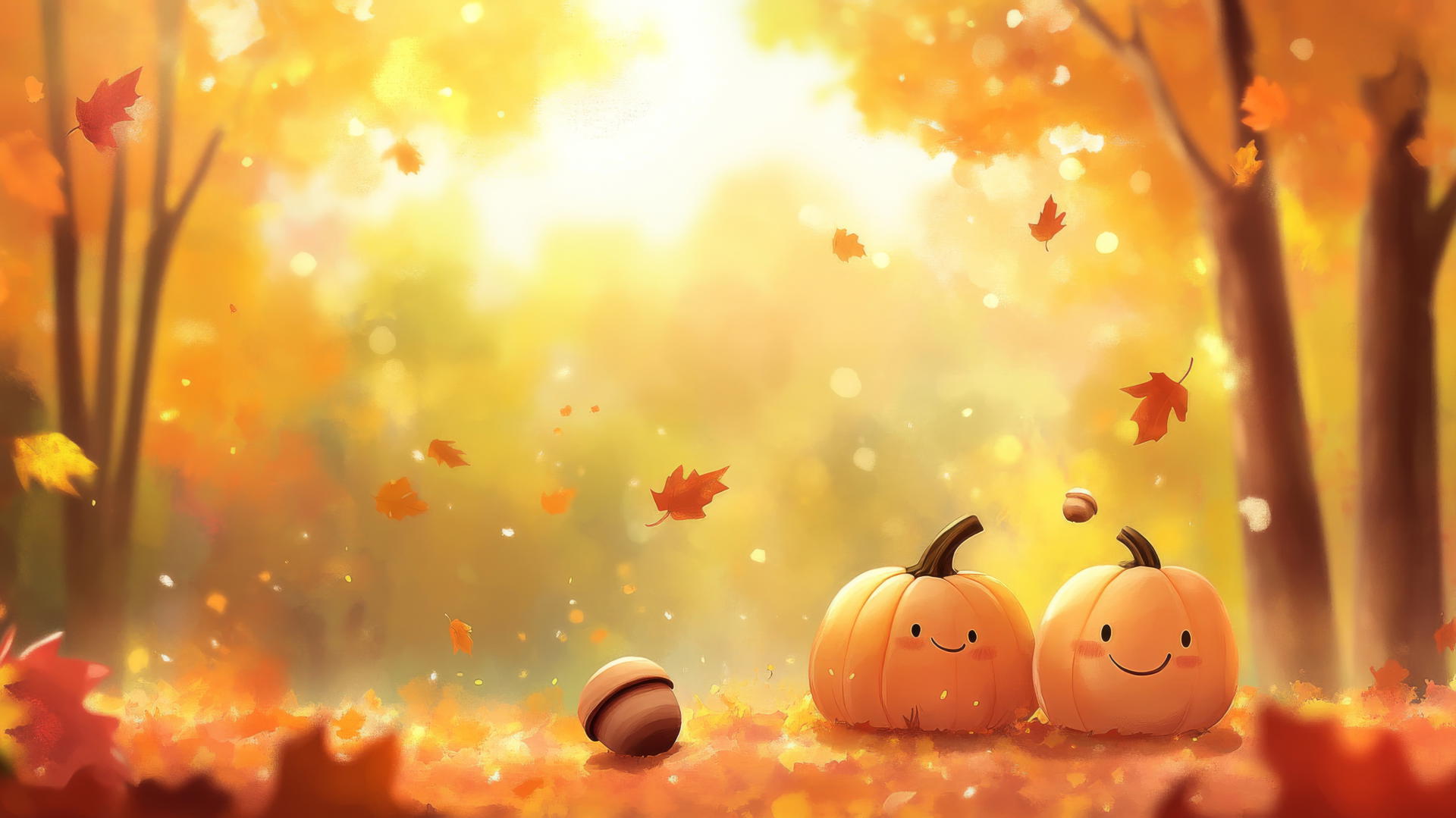 wallpapers cute autumn scene with pumpkins, acorns, and falling leaves