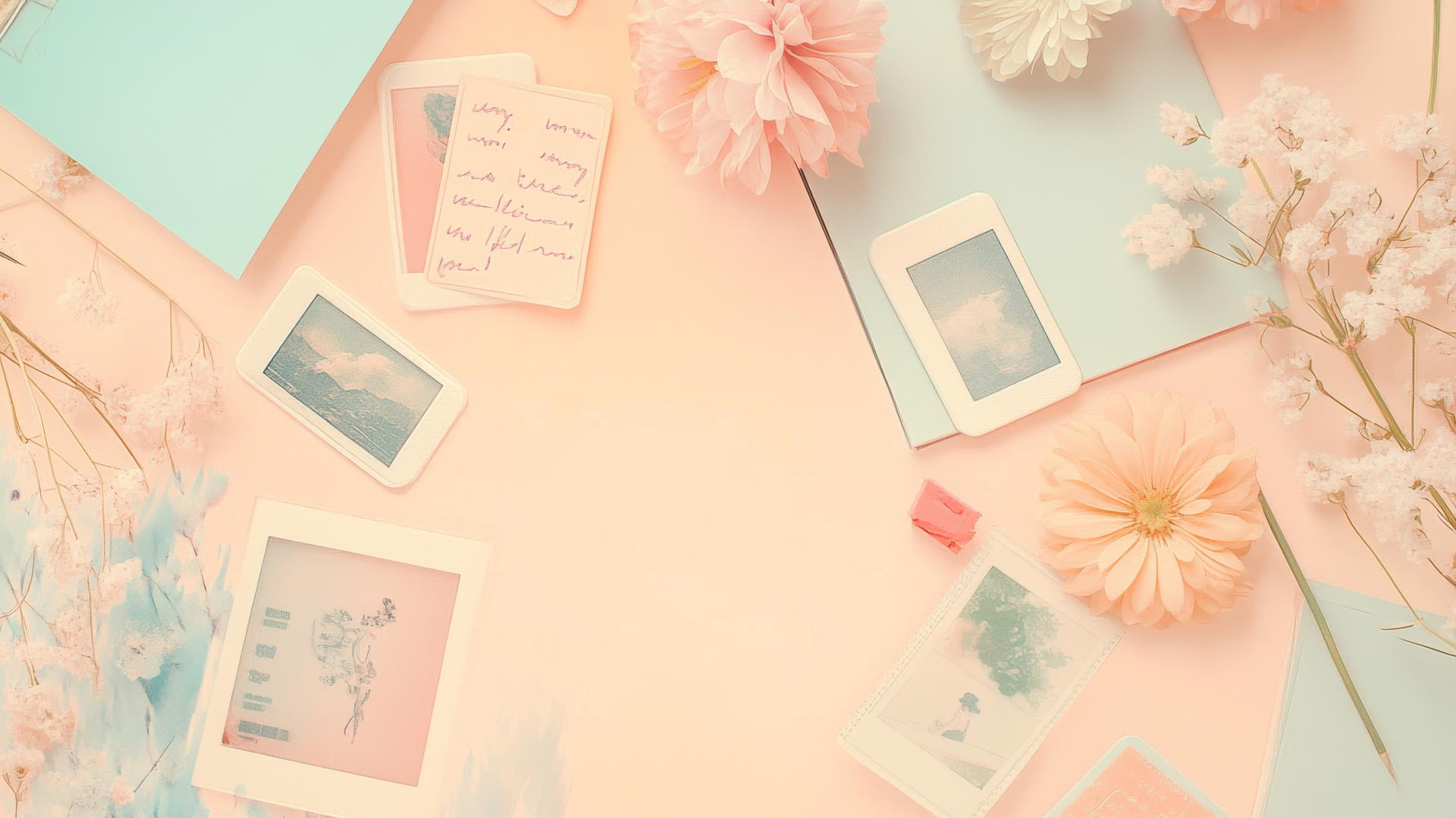 Cute aesthetic wallpapers with pastel collage of polaroid photos, notes, flowers