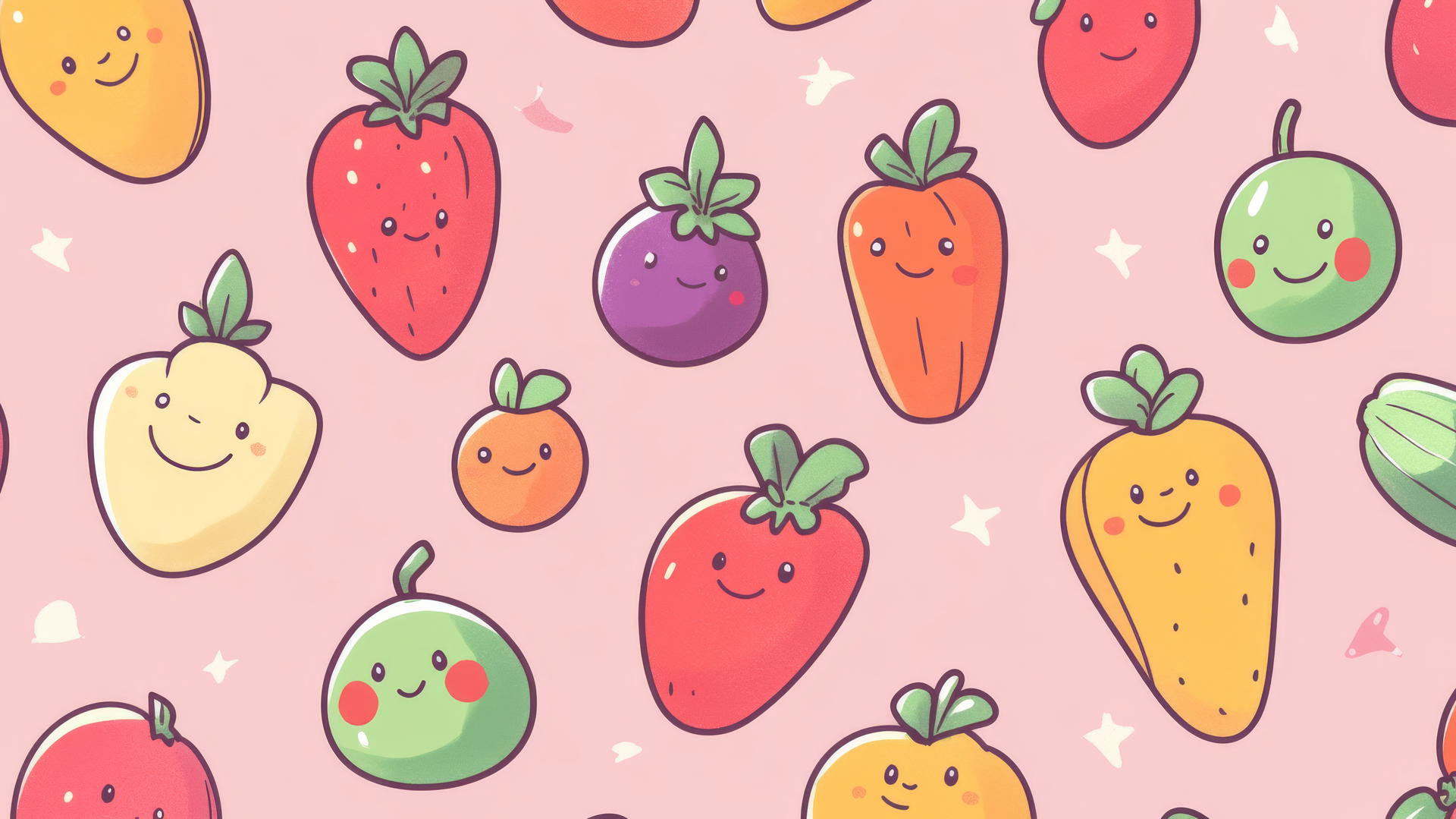 Cute wallpapers with kawaii fruits and vegetables on a pink background