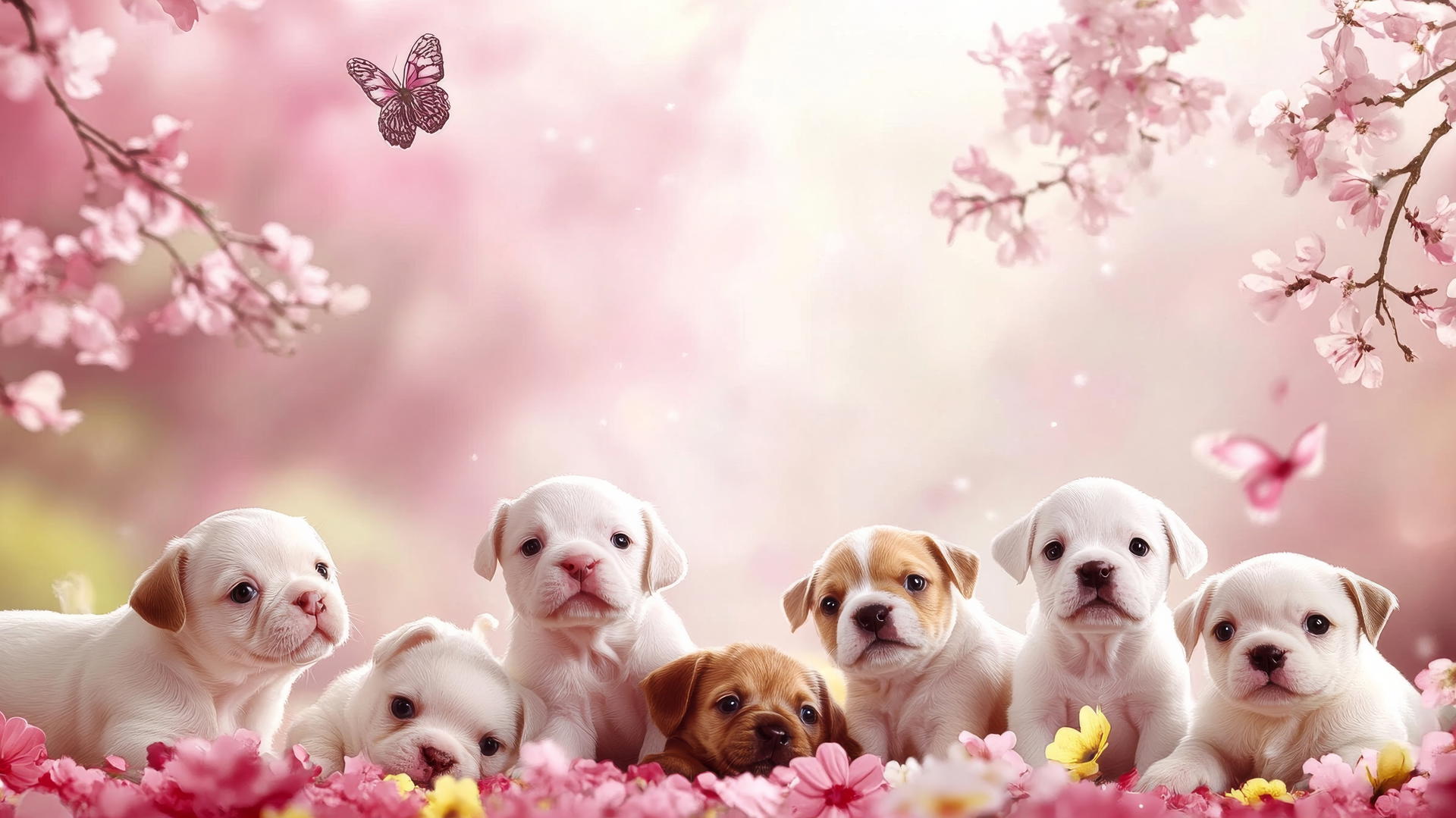 pink cute puppy wallpaper with puppies playing in park and pastel flowers