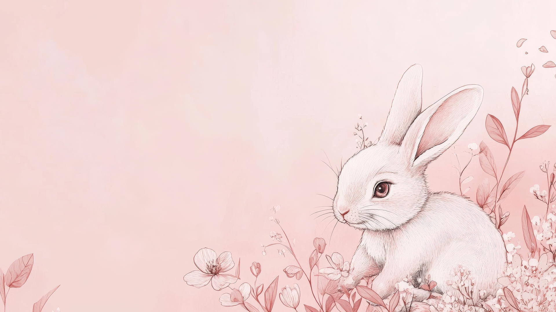 Aesthetic cute pink wallpaper with hand-drawn bunny, tiny flowers, and leaves
