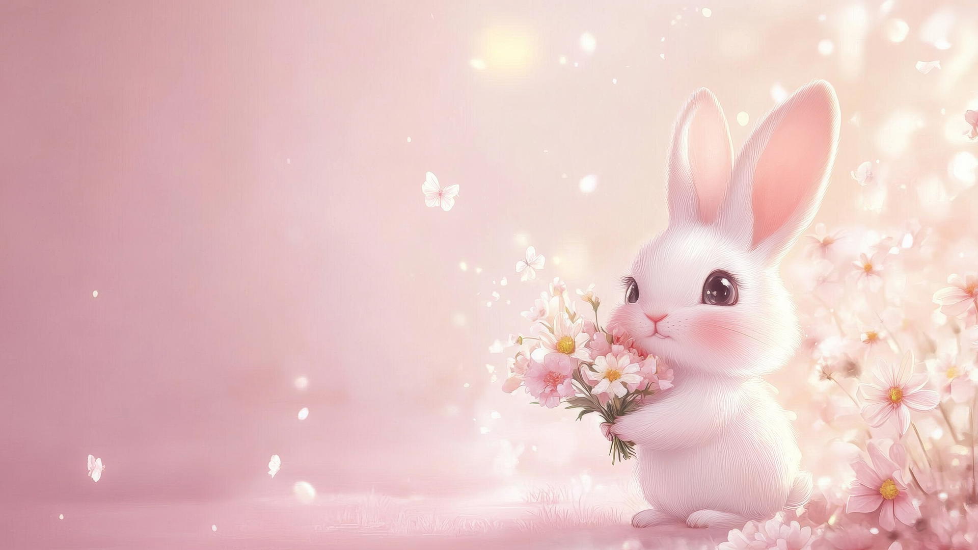 pink wallpaper cute with cartoon rabbit holding flowers
