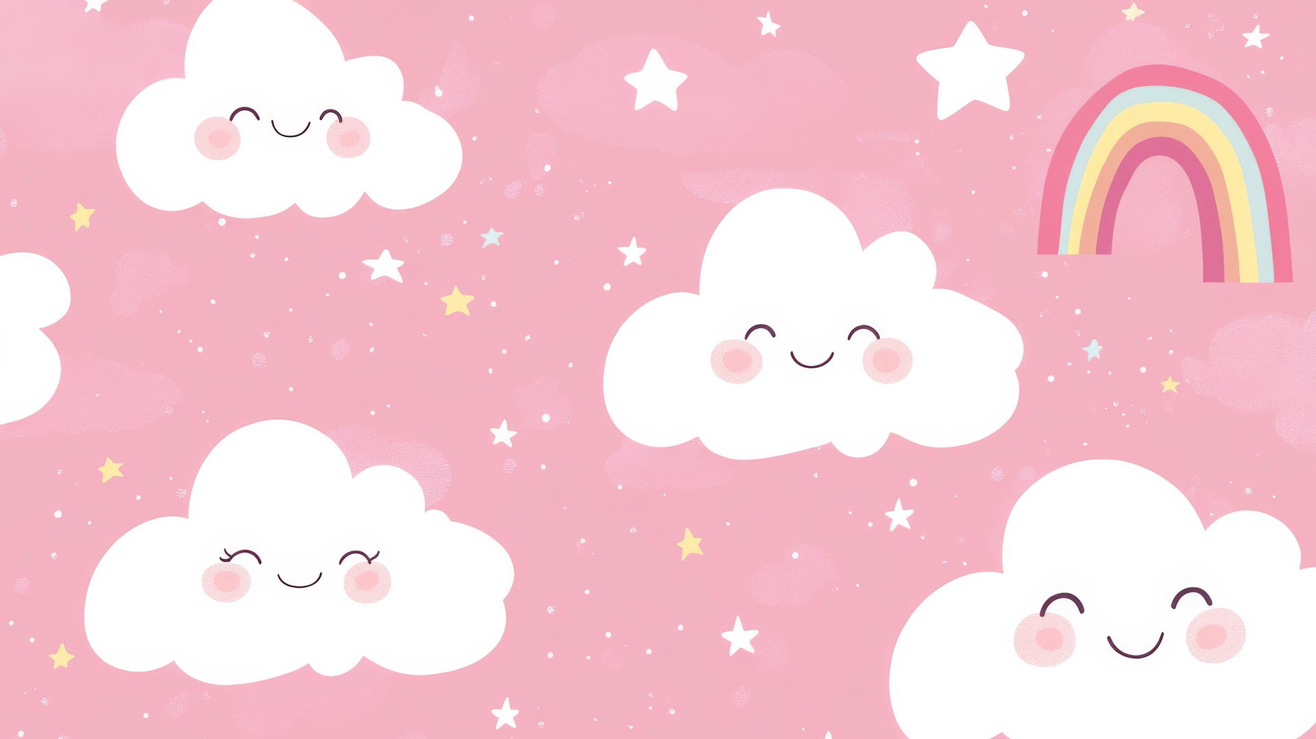pink cute wallpaper with kawaii clouds, rainbows, and stars