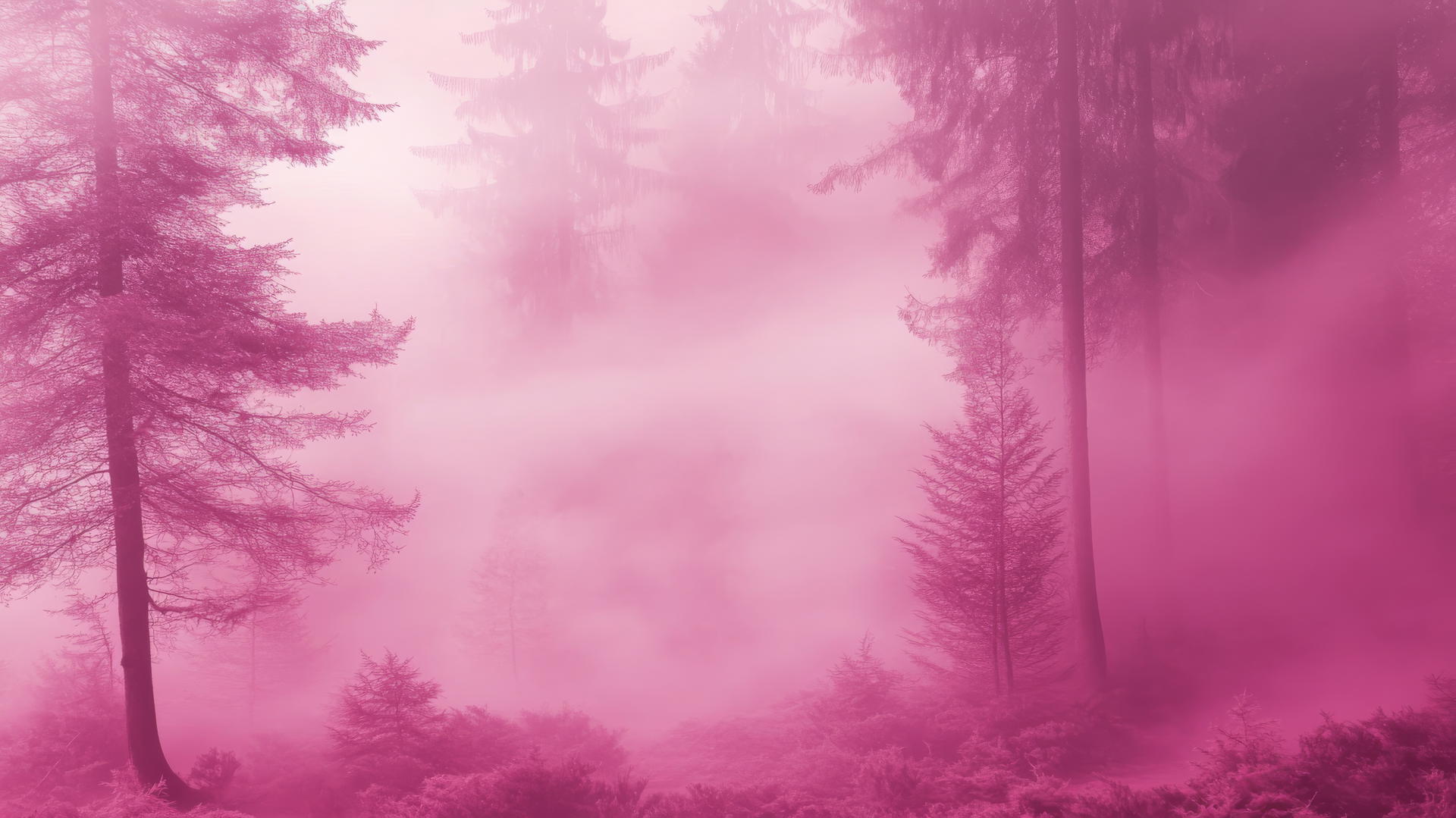 dreamy pink wallpaper aesthetic forest with mist around tall trees