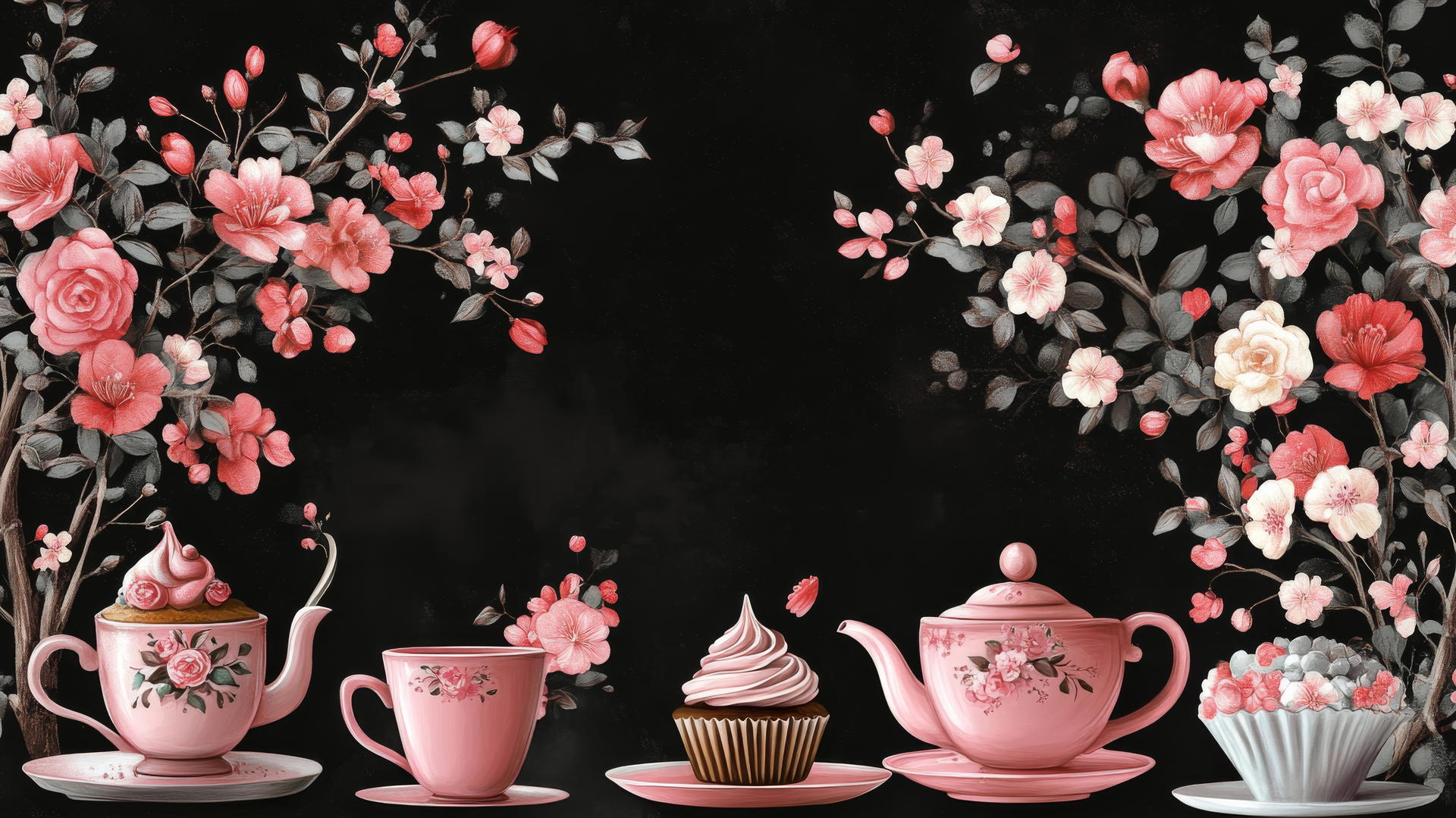 black wallpaper for girls with whimsical tea party scene, pink teacups, cupcakes, floral accents