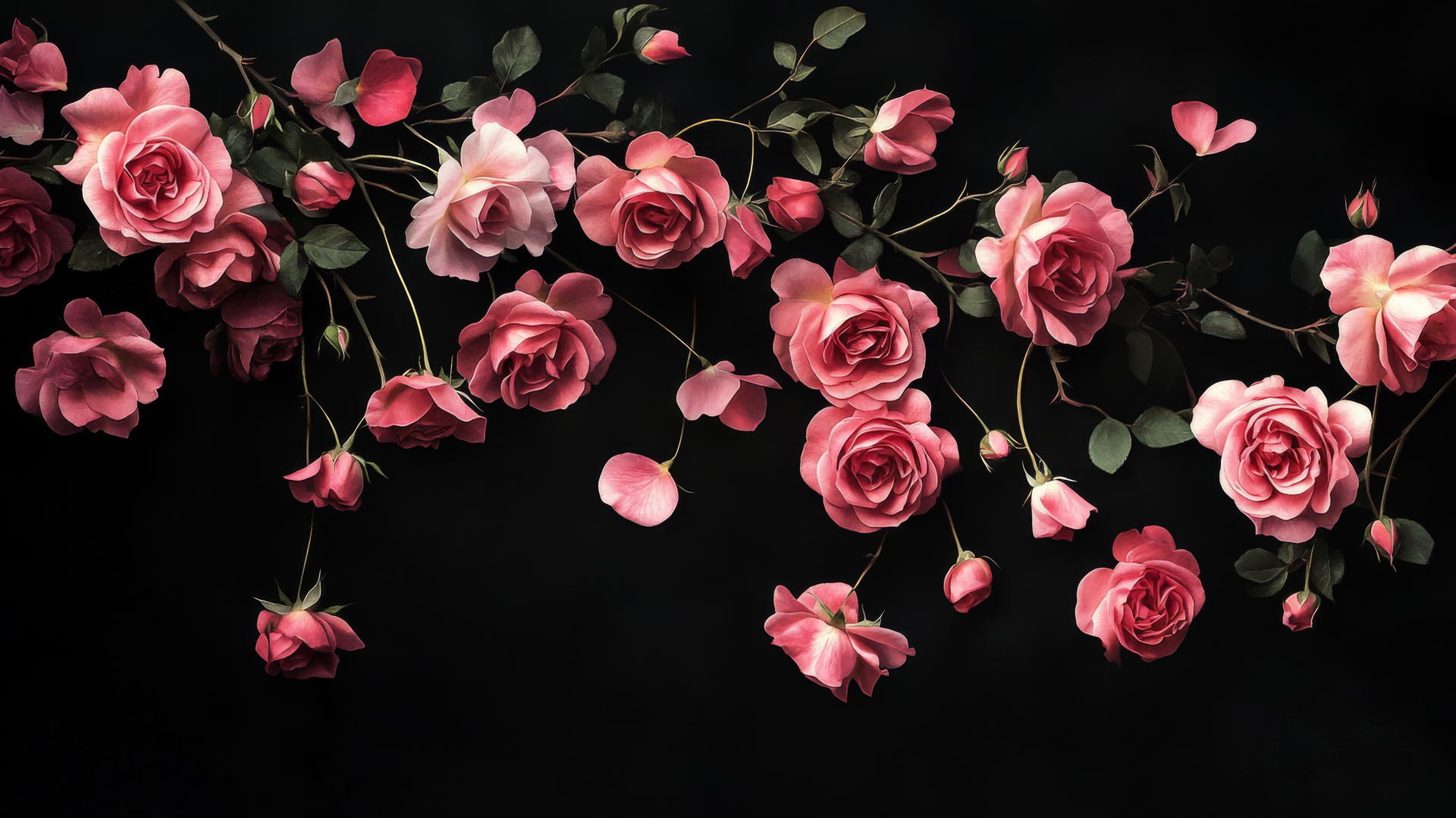 black wallpaper for girls with pink roses and delicate petals