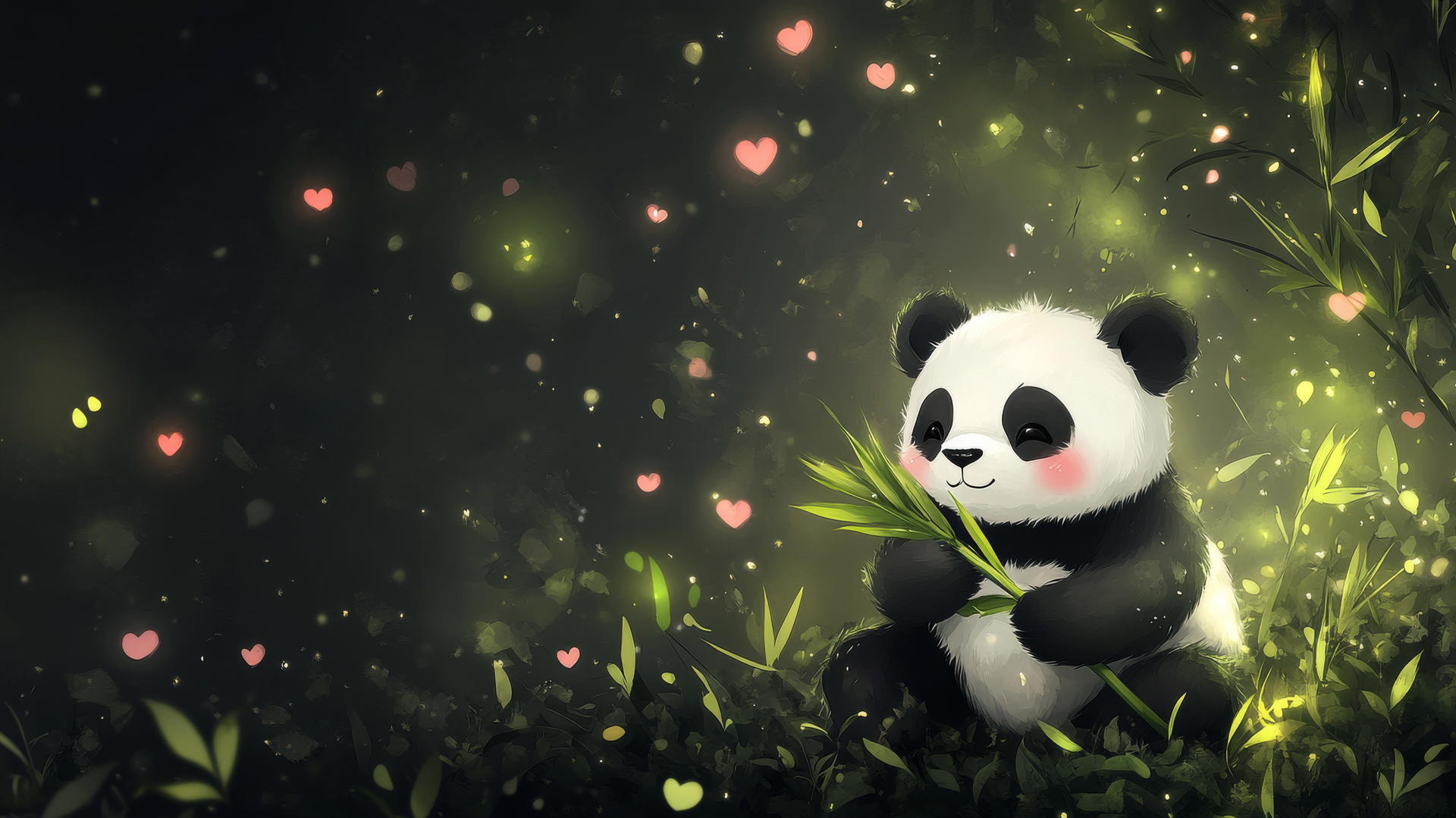 Cute black wallpaper with kawaii panda holding bamboo and floating hearts