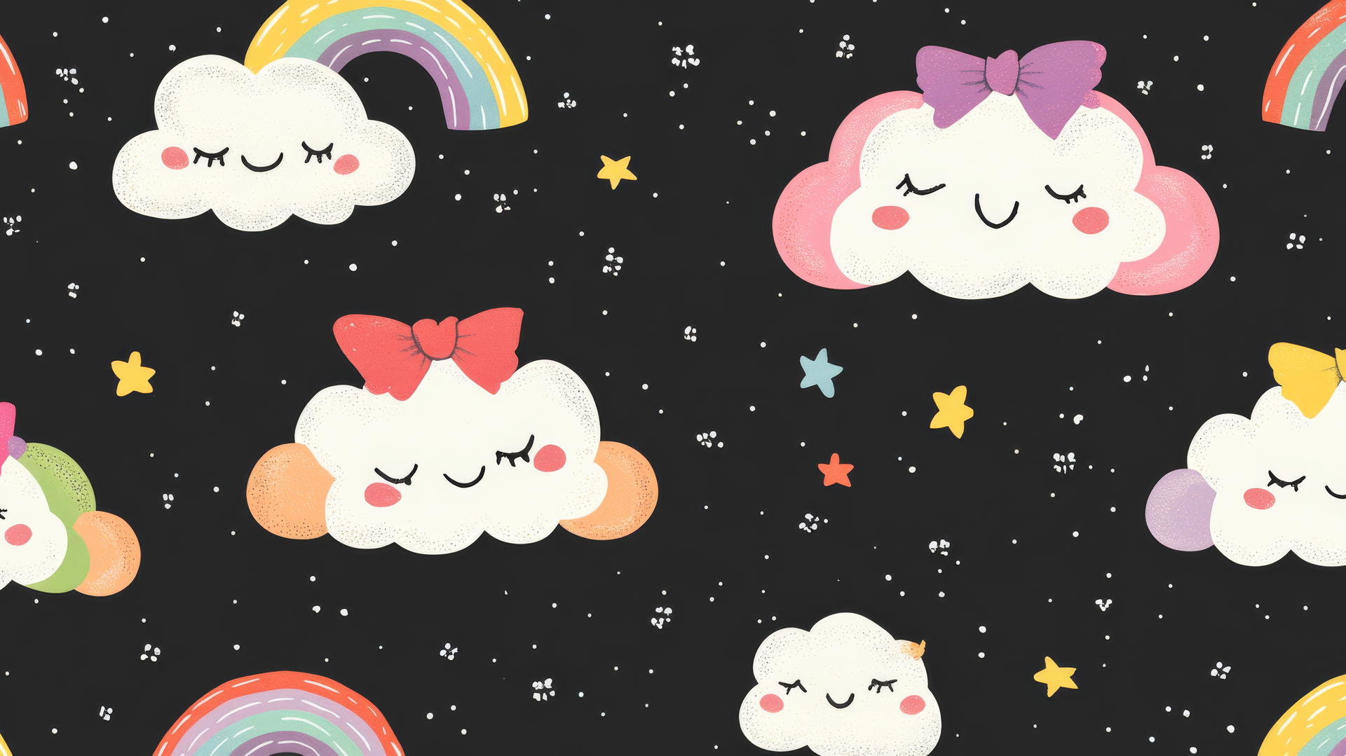 cute black wallpaper with smiling clouds and rainbows on a solid black background