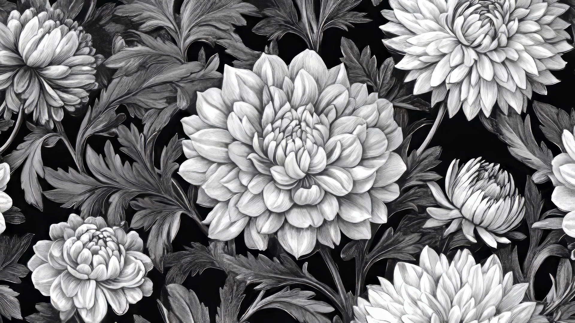 black and white floral wallpaper with dahlias and chrysanthemums
