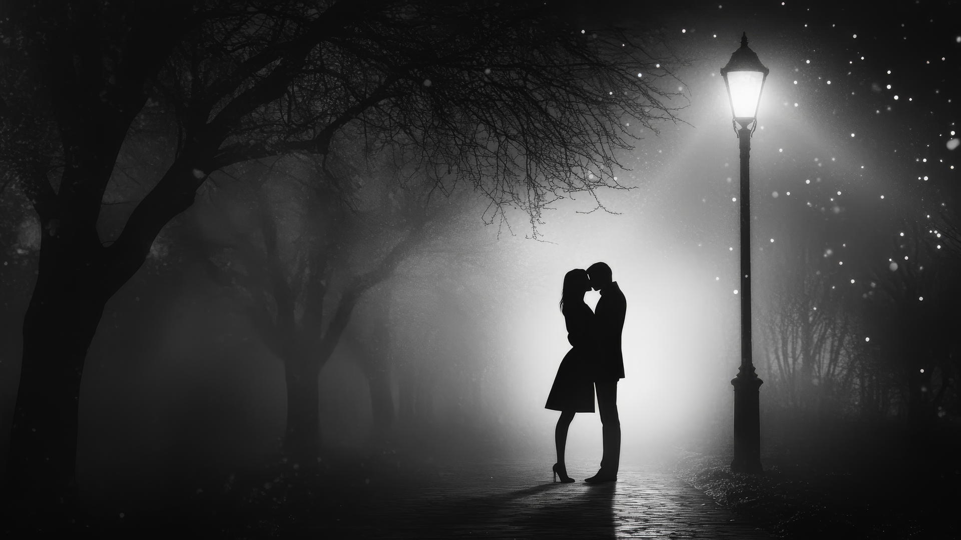 black and white aesthetic wallpaper of a couple kissing under a glowing streetlamp
