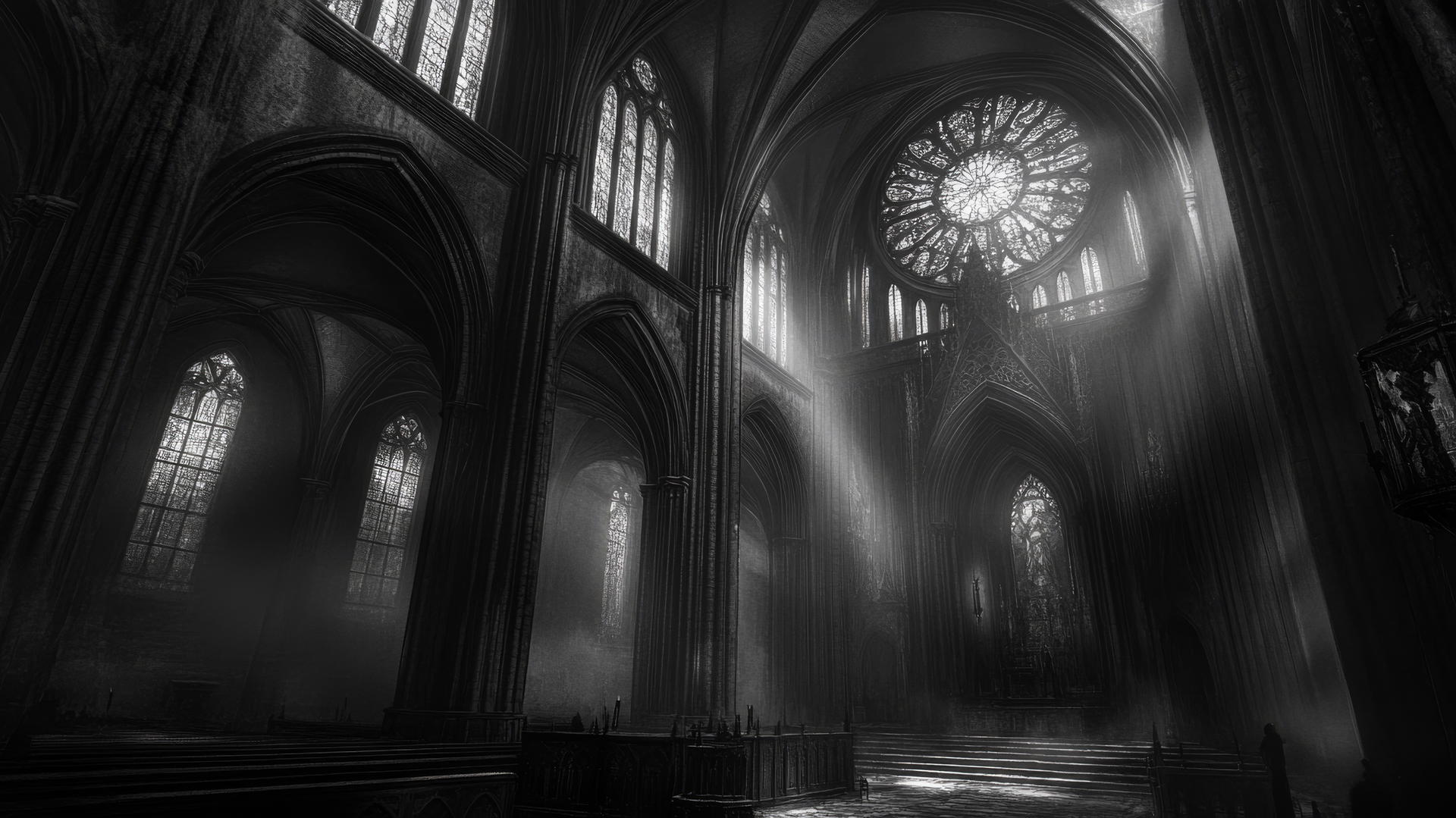 Gothic cathedral interior with arches and stained glass windows in black and white wallpaper