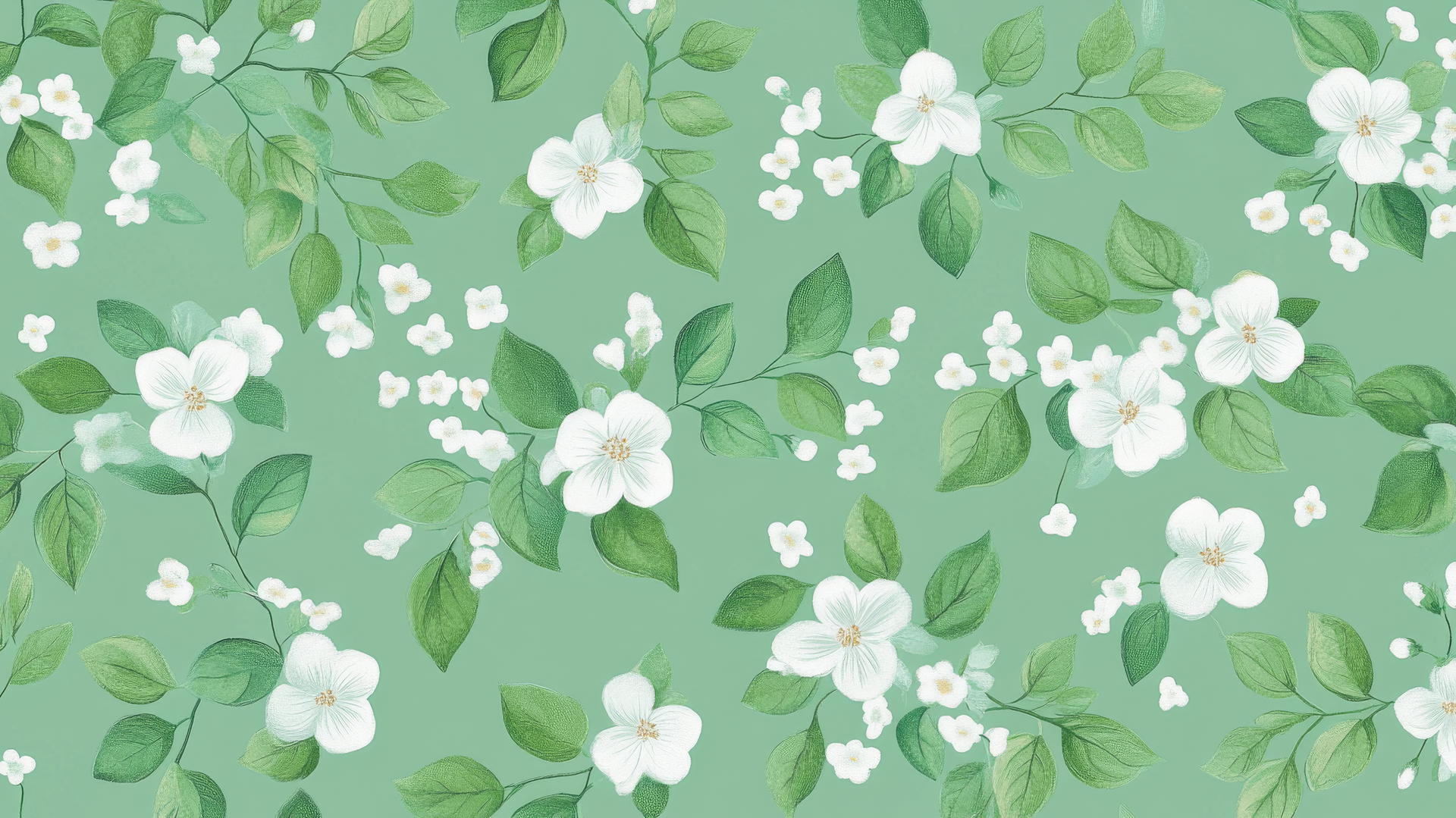 Green floral wallpaper with bright leaves and tiny white flowers on mint green background
