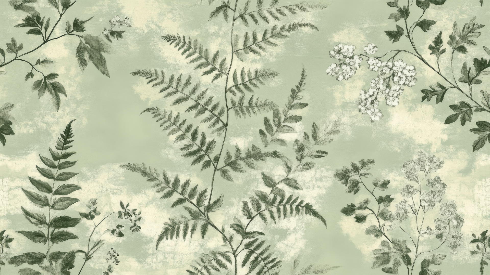 vintage botanical green floral wallpaper with ferns, ivy, flowering herbs
