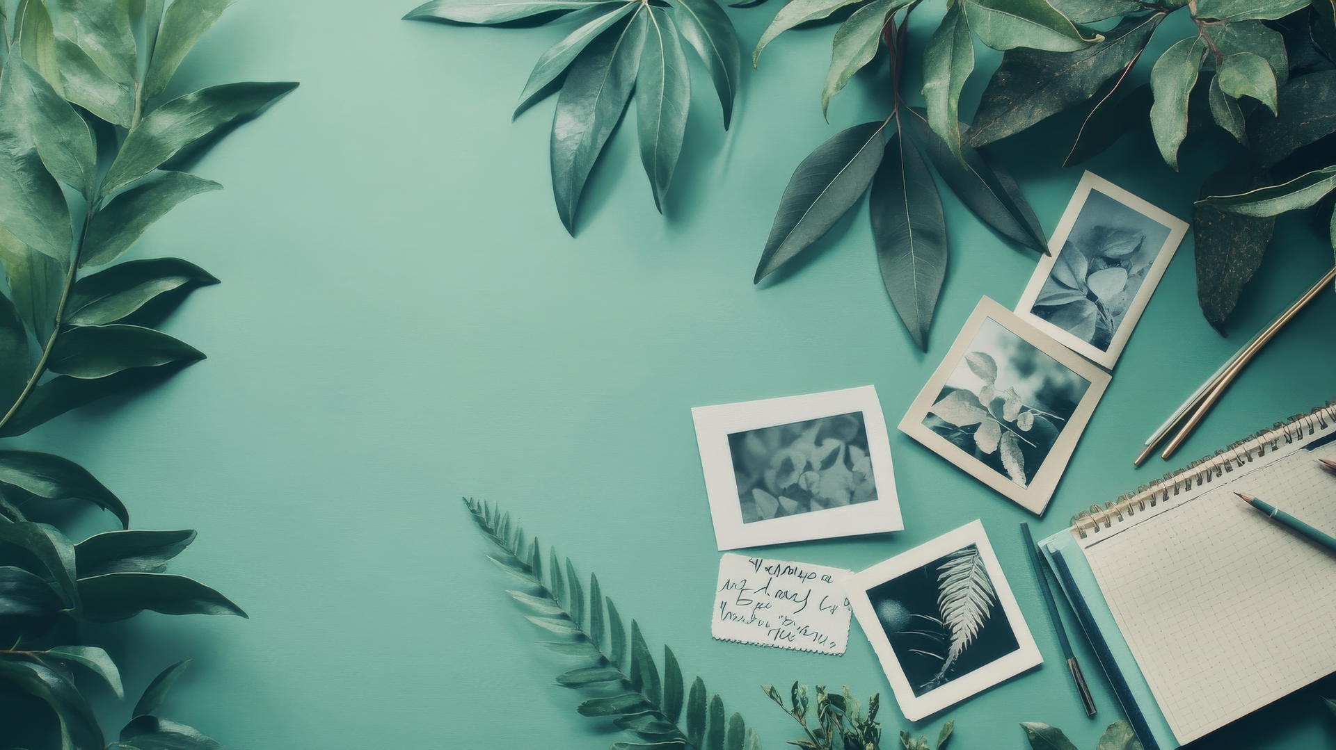 collage-style aesthetic green wallpaper with polaroid photos, handwritten notes, and pressed leaves