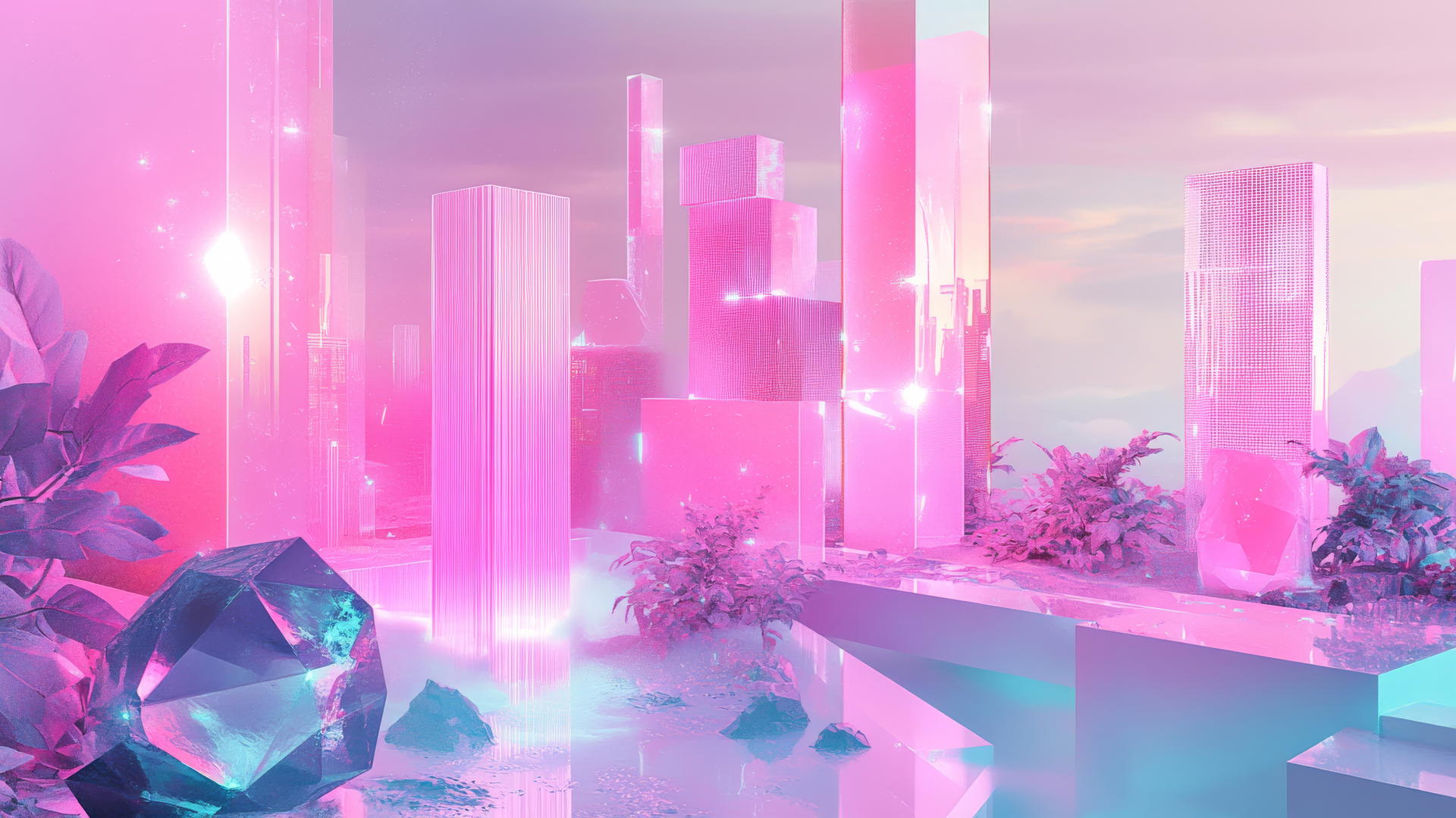 pink Y2K wallpaper with neon pink geometric shapes, pixelated glitch effects, and holographic textures on a pastel background