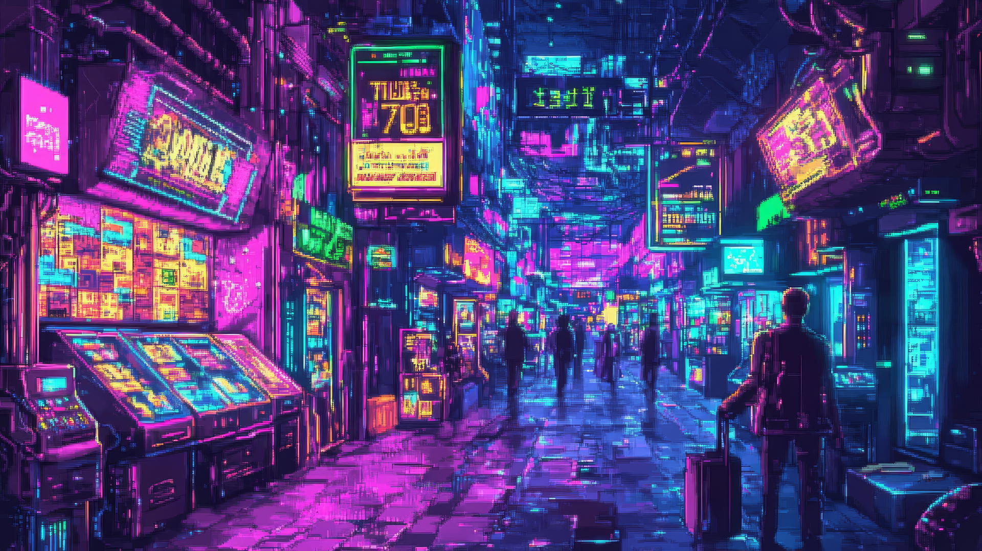 cyber y2k wallpaper with neon signs, holographic goods, and pixelated people in a futuristic street scene
