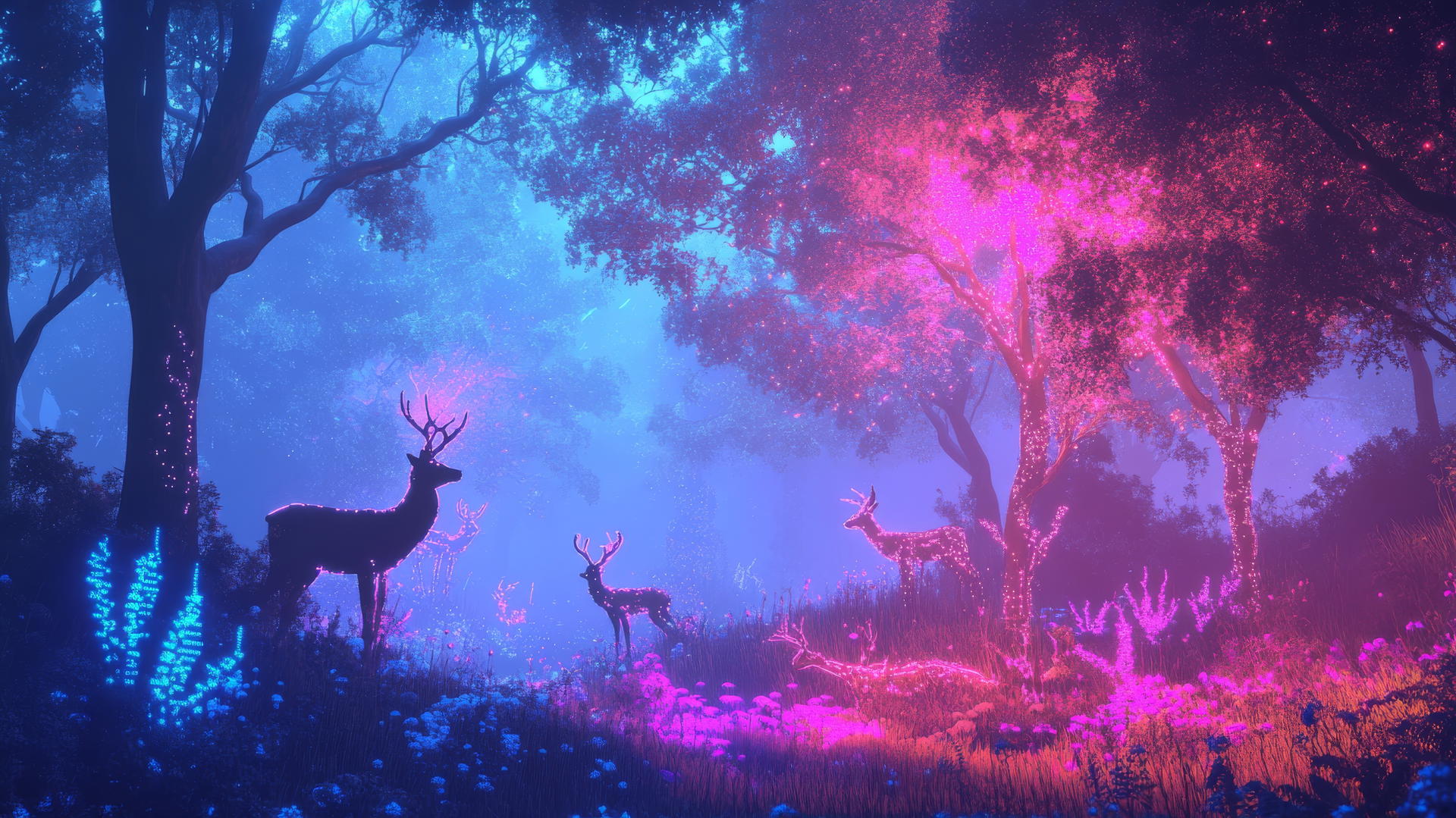 Y2K aesthetic wallpaper with neon trees, pixelated wildlife, holographic mist