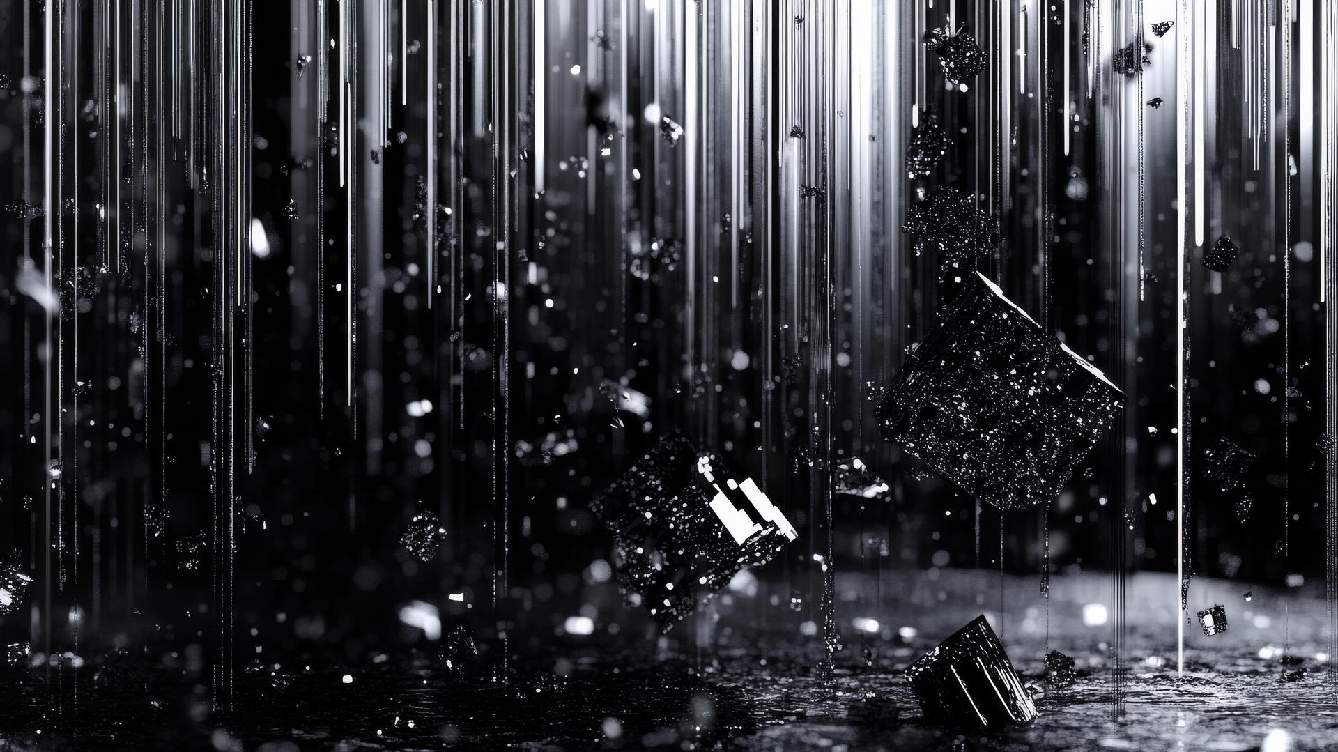 Y2K wallpaper black with abstract digital shapes, pixelated rain, and glitchy effects.