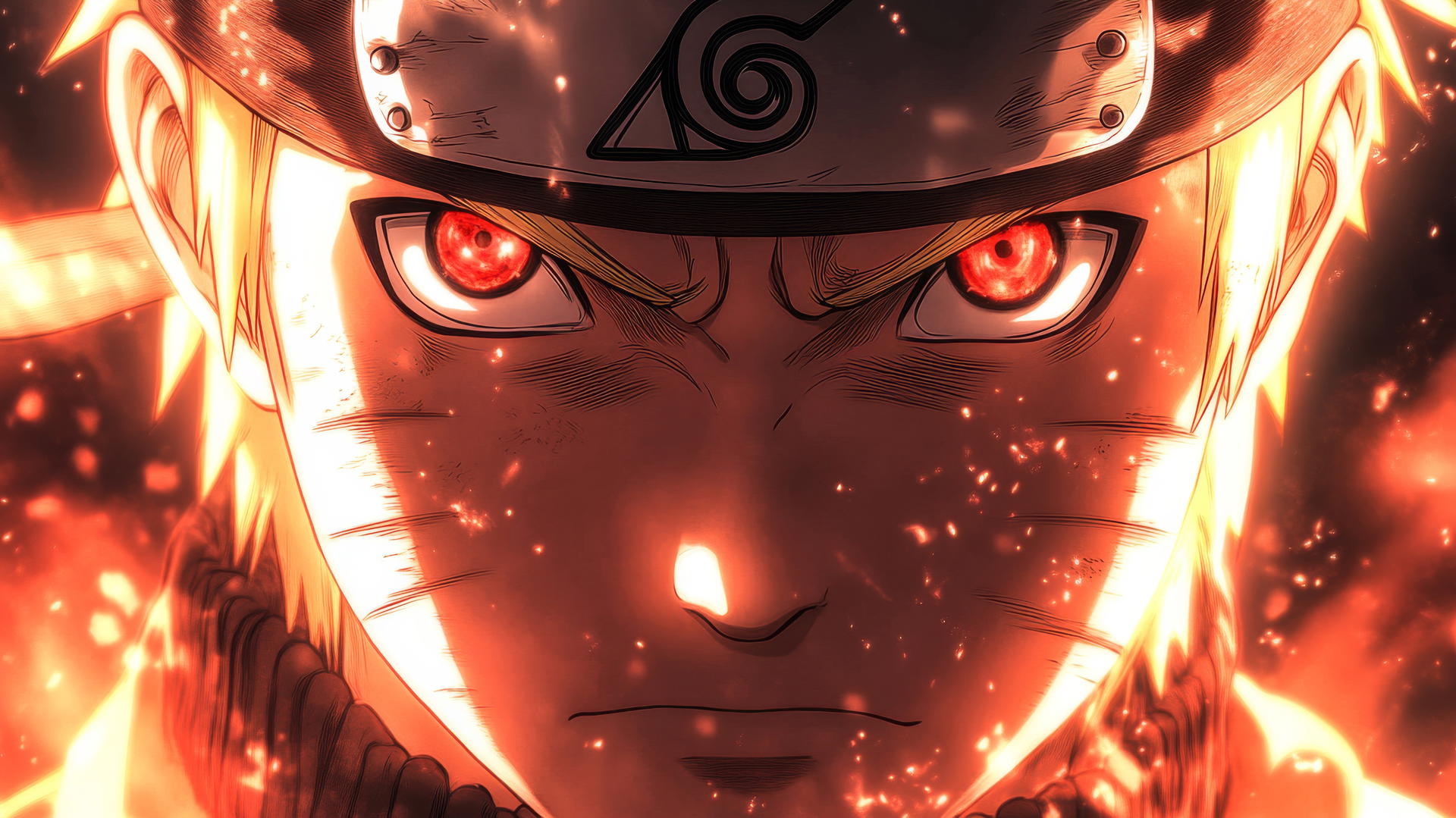 A dramatic close-up of Naruto Uzumaki's face with Kurama's eye, intense expression, glowing red energy, naruto 4k wallpaper