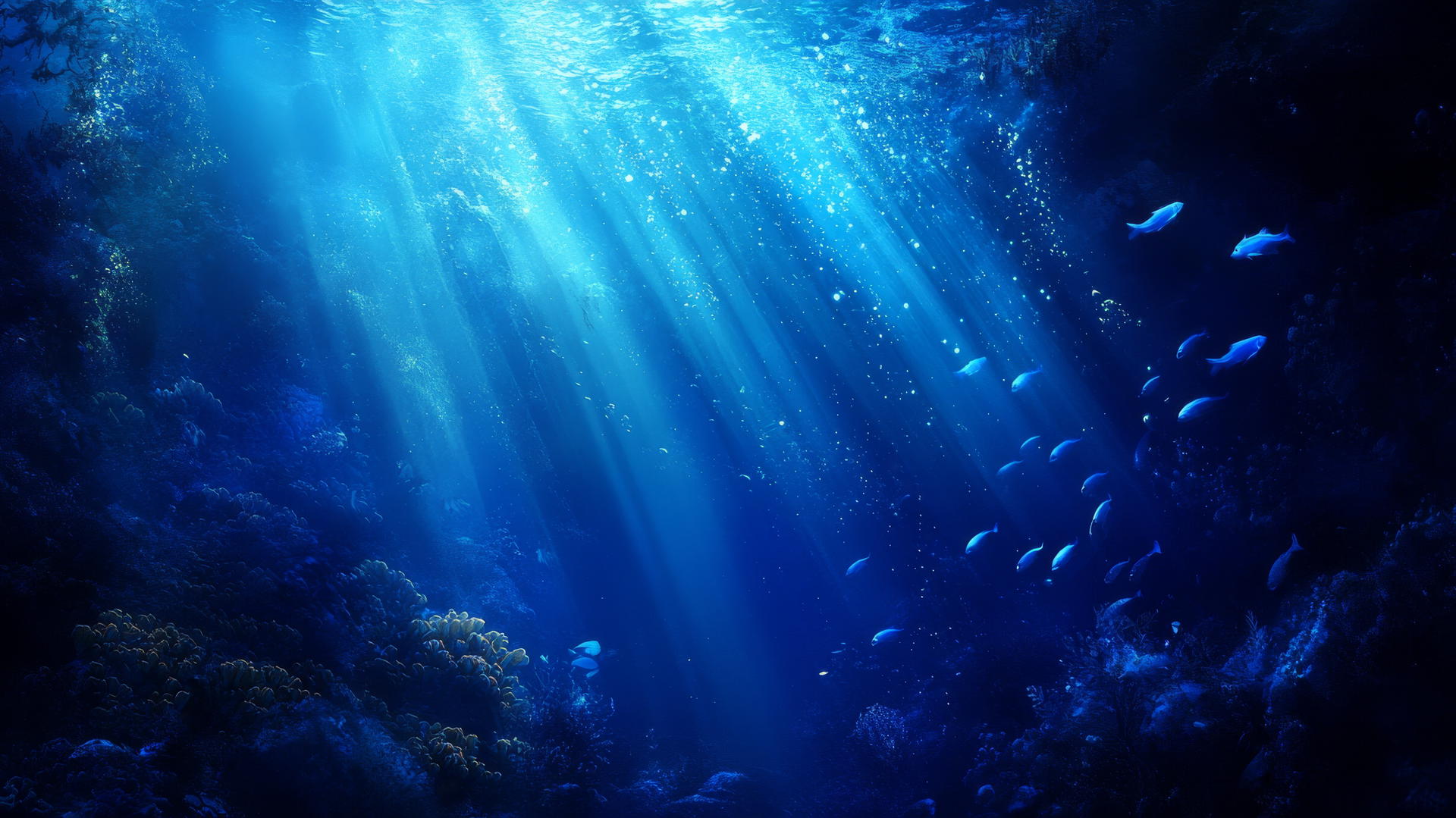 Underwater scene with light beams and schools of fish, blue wallpaper.