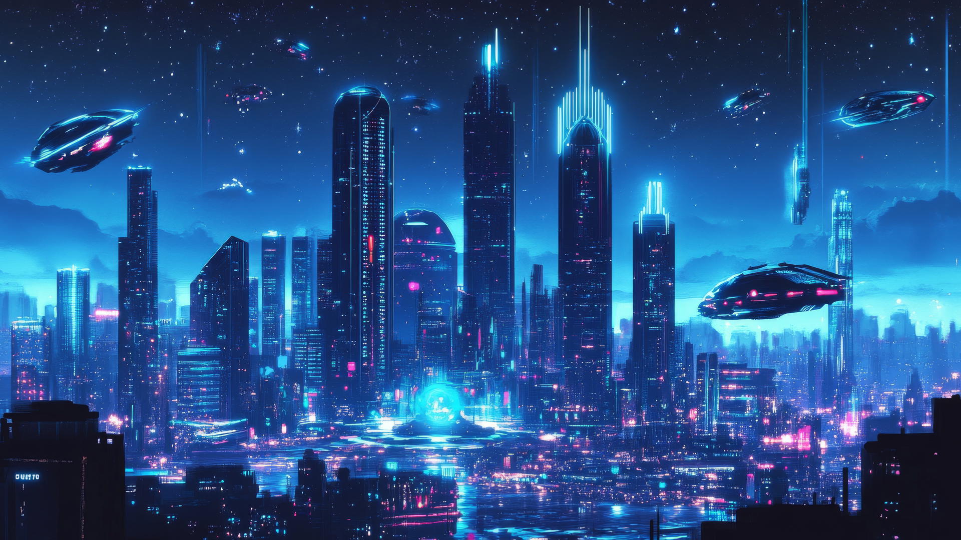 Blue wallpaper with a futuristic cityscape, neon lights, skyscrapers, and flying vehicles.