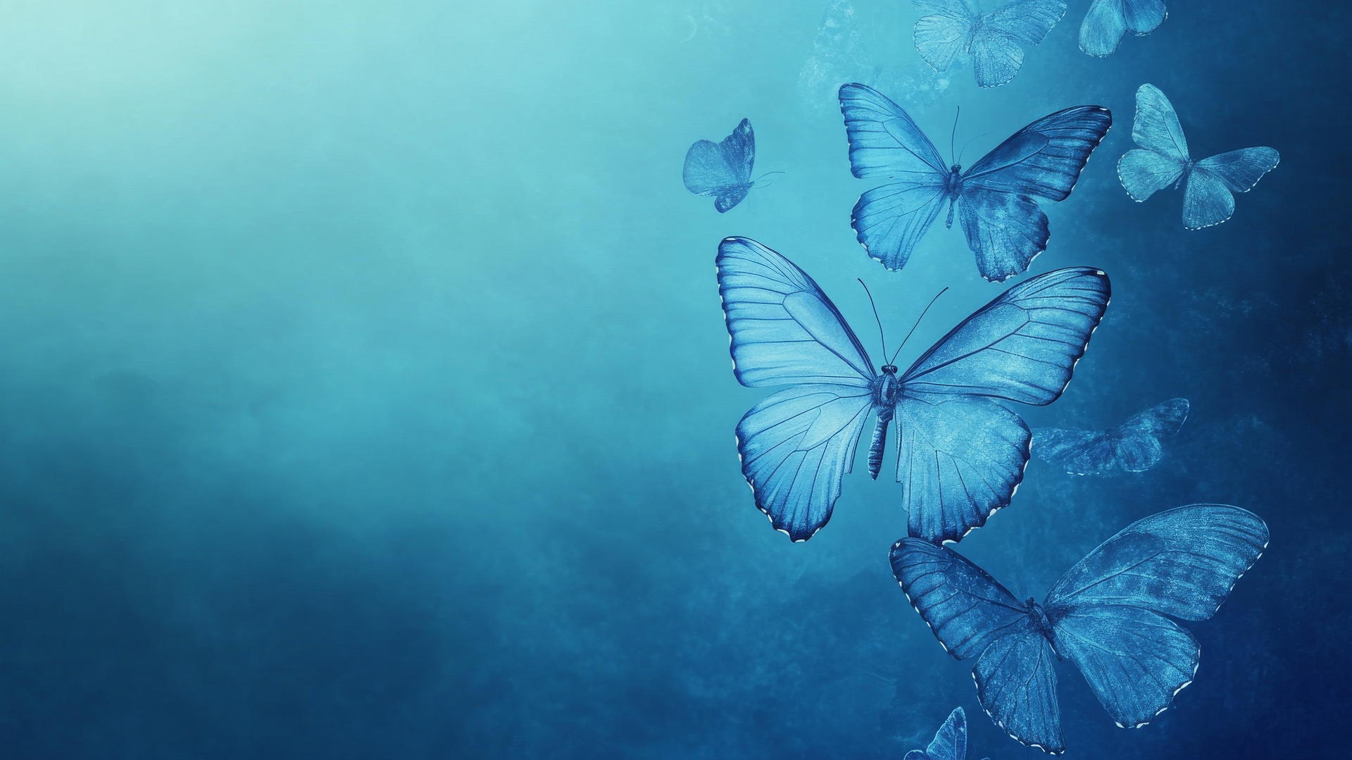 blue wallpaper aesthetic with ethereal butterflies in shades of blue, glowing softly against a gradient background
