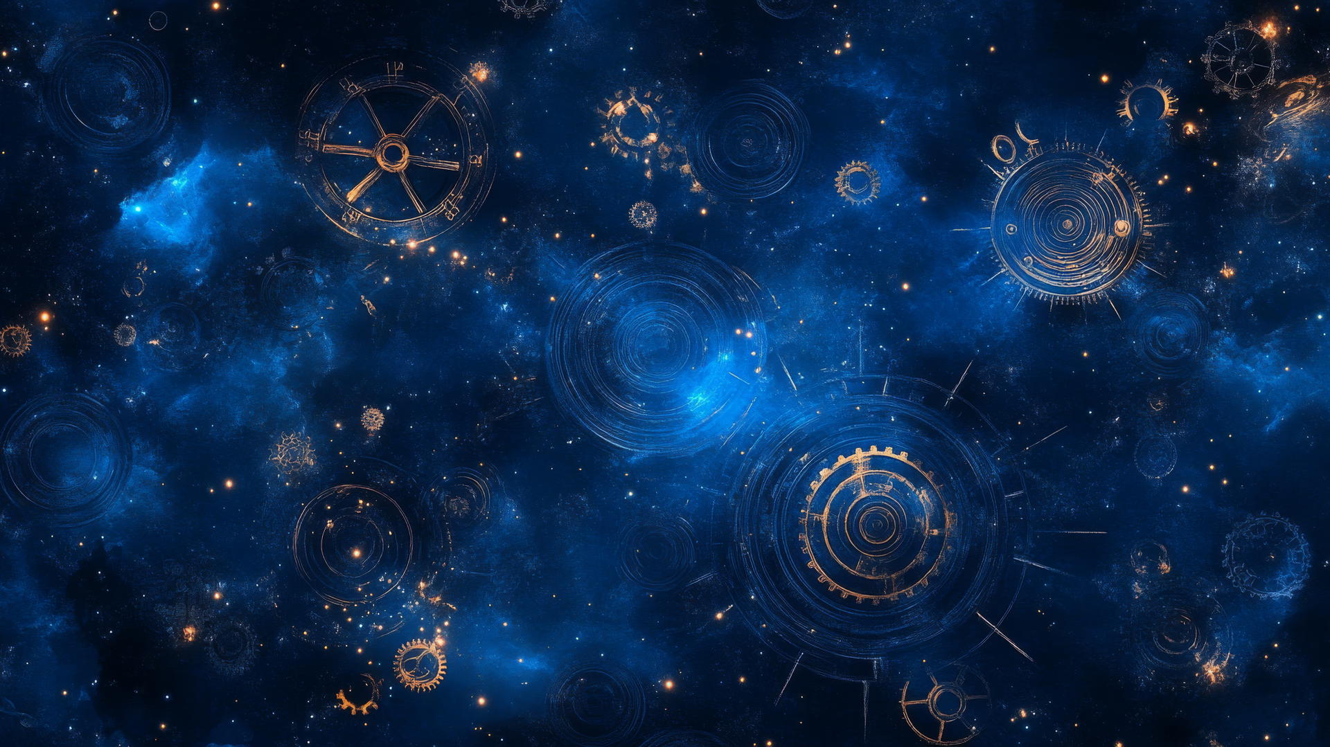 navy blue wallpaper with cosmic clockwork, gears, and celestial motifs