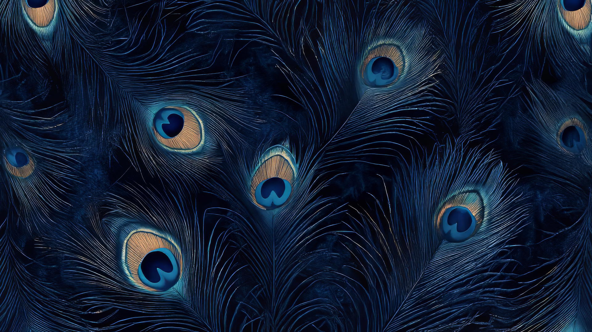 navy blue wallpaper with detailed peacock feathers and iridescent accents