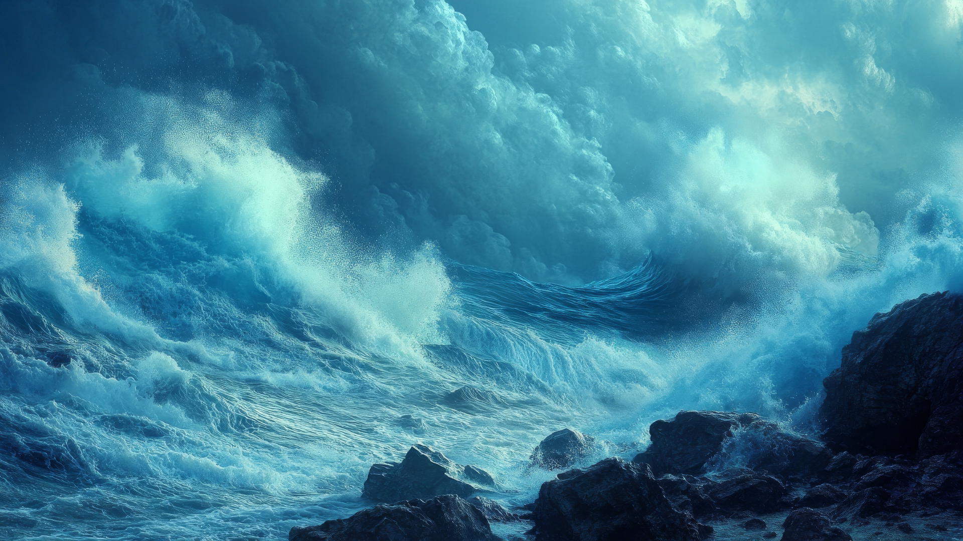 wallpaper blue with ocean waves crashing against rugged rocks