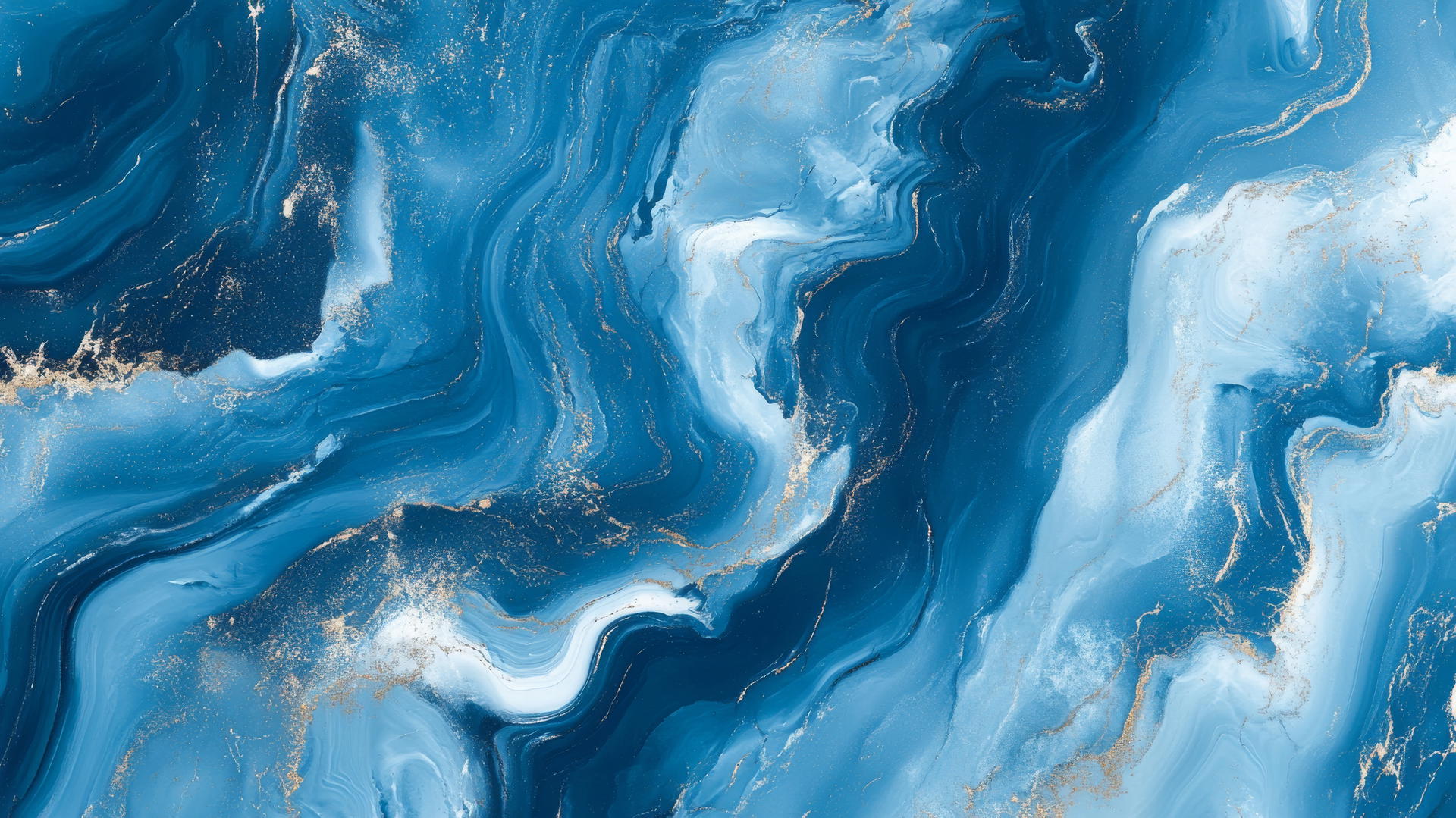 Fluid marble patterns in blue tones with white and silver veins on a blue background wallpaper.