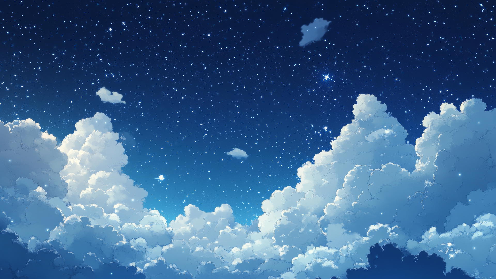 blue and white wallpaper of night sky with fluffy clouds and sparkling stars