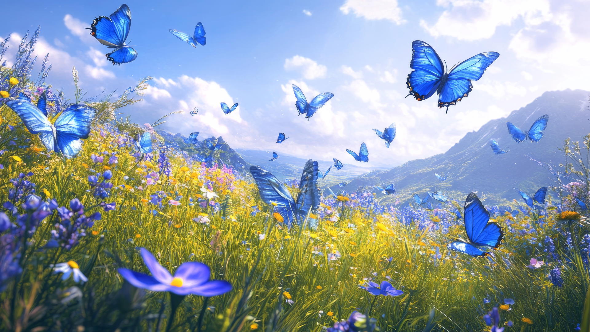 swarm of blue butterflies over green meadow with wildflowers, blue butterfly wallpaper